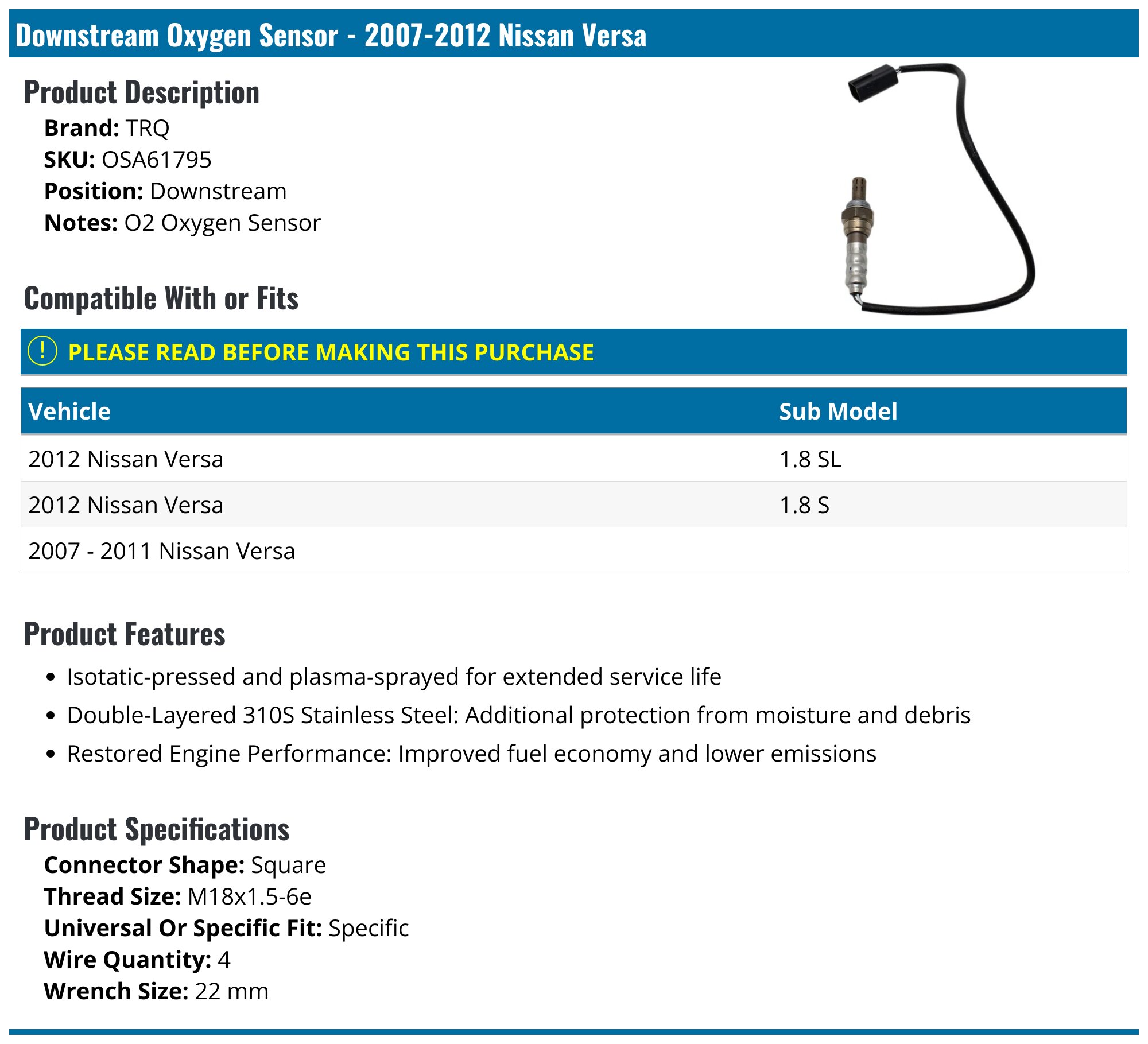Denso Downstream Oxygen Sensor for 2009-2011 NISSAN VERSA L4-1.6L
