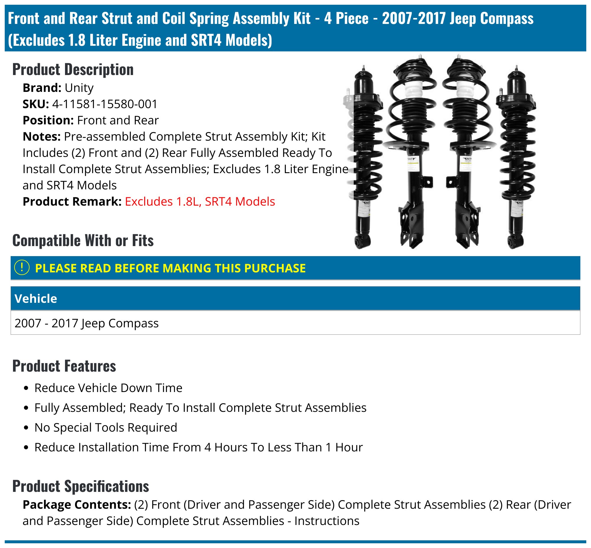 Front Right Complete Strut Assembly For 2007-2010 Jeep Compass (Unity Automotive)