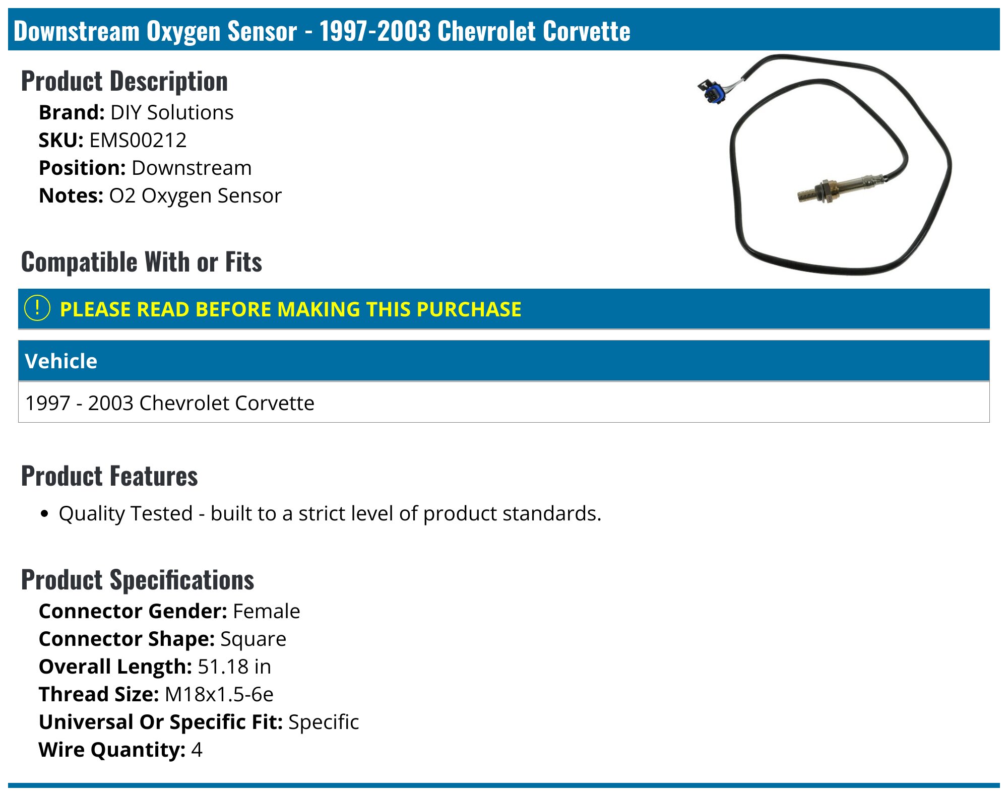 1997-2003 Chevrolet Corvette Oxygen Sensor - DIY Solutions EMS00212 ...
