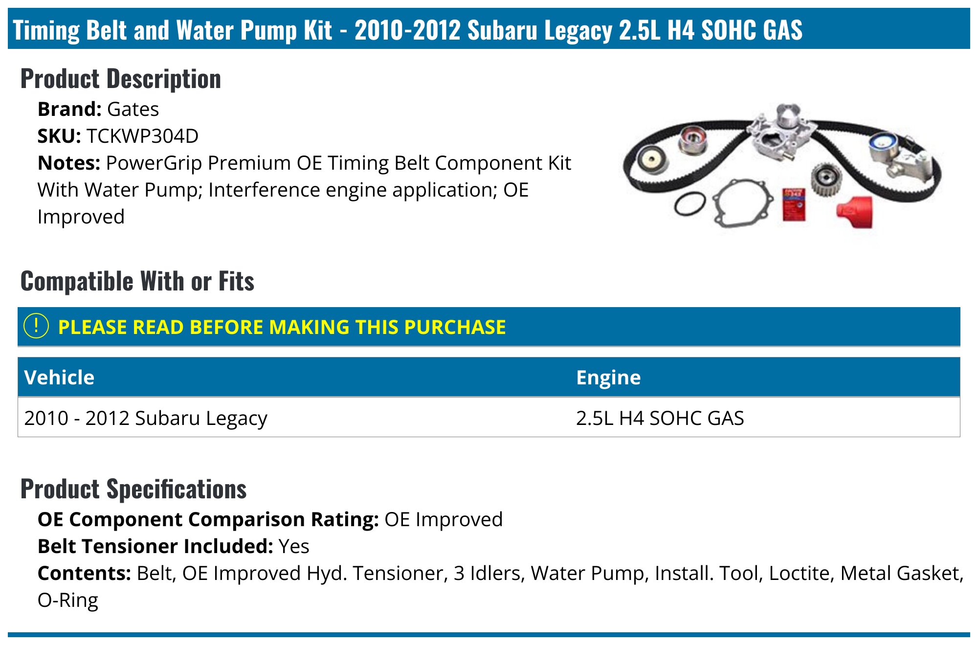 Timing Belt Kit + Water Pump + Serpentine Belt + Gasket – For Subaru Impreza 2.2L 2.5L