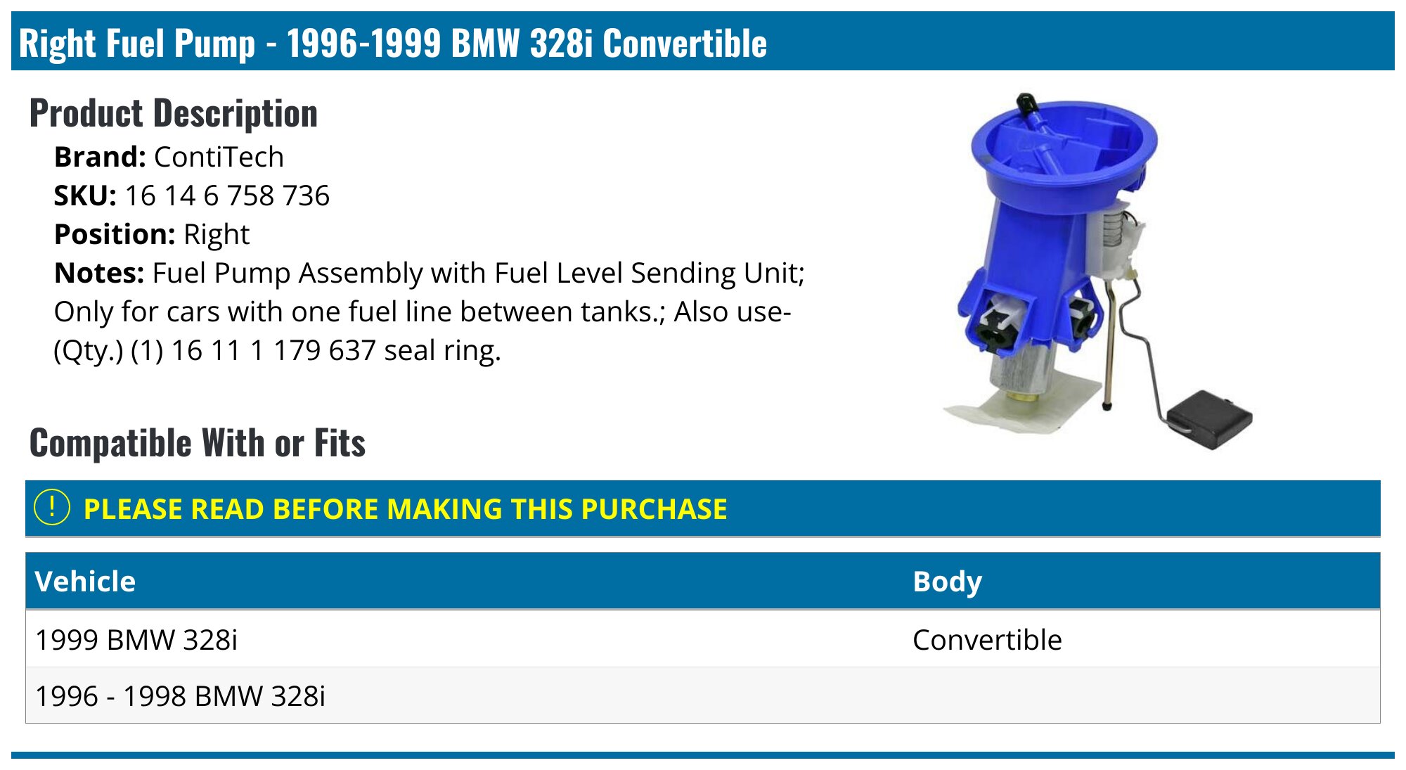 1996-1999 BMW 328i Fuel Pump - ContiTech 16 14 6 758 736 - Right ...