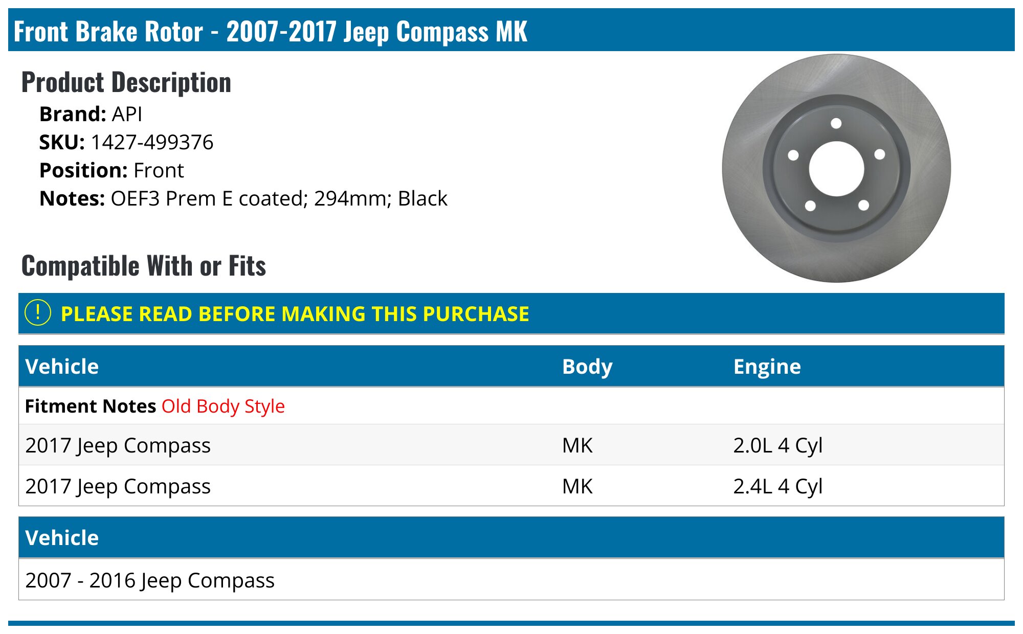 2007-2017 Jeep Compass Brake Rotor - API 19026-07918743 - Front ...