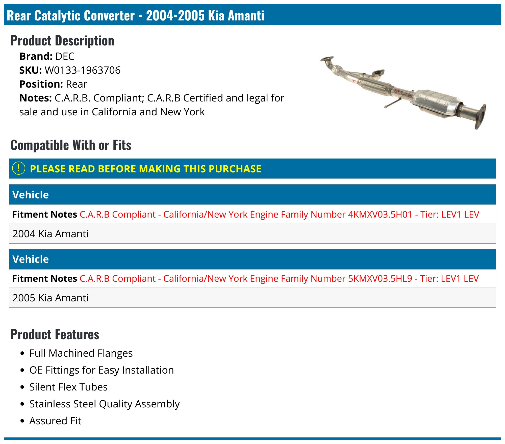 MagnaFlow 50200 - Catalytic Converter Fits select: 2002-2005 KIA SEDONA, 2004-2006 KIA AMANTI