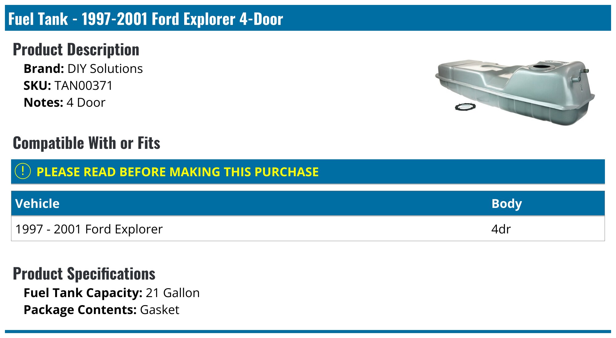 Fuel Tank Strap – Fits Ford Explorer 1995-2001 & Explorer Sport Trac 2001-2002 (1x)