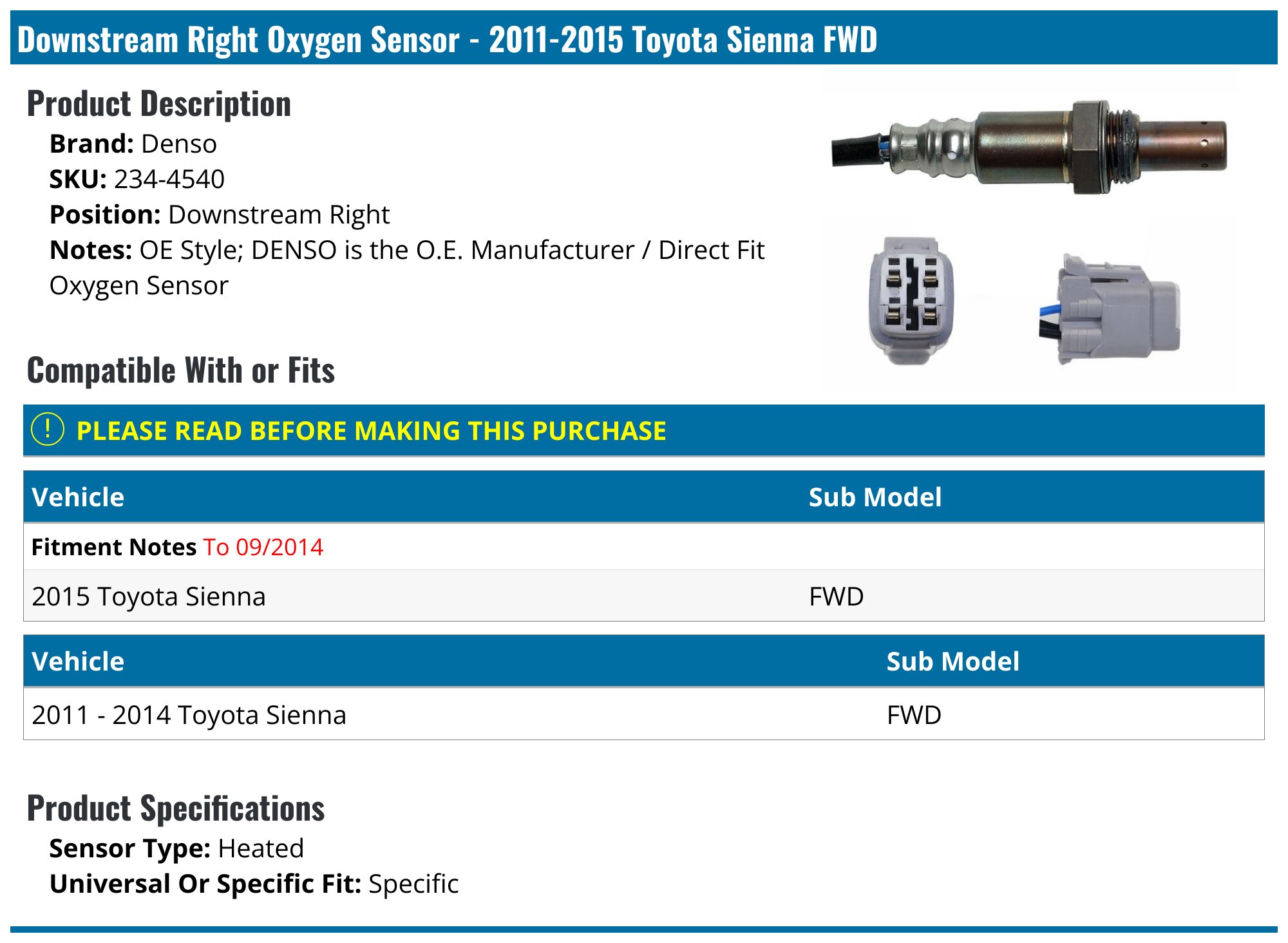 4PCS Oxygen Sensor Set Upstream & Downstream For Toyota Sienna 2011 FWD – MD994