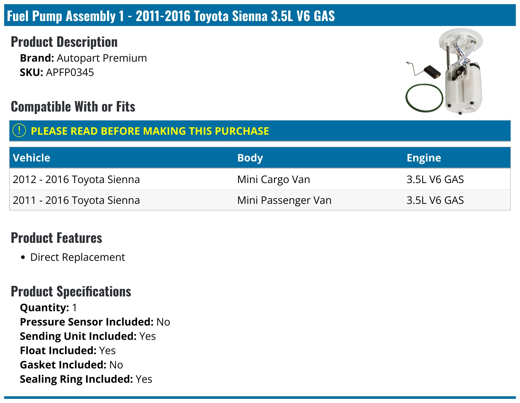 Scitoo Fuel Pump Assembly For Toyota Sienna 2011-2016 (FG0920, E9015M) - In-Tank, OE Spec, 2-Year Warranty