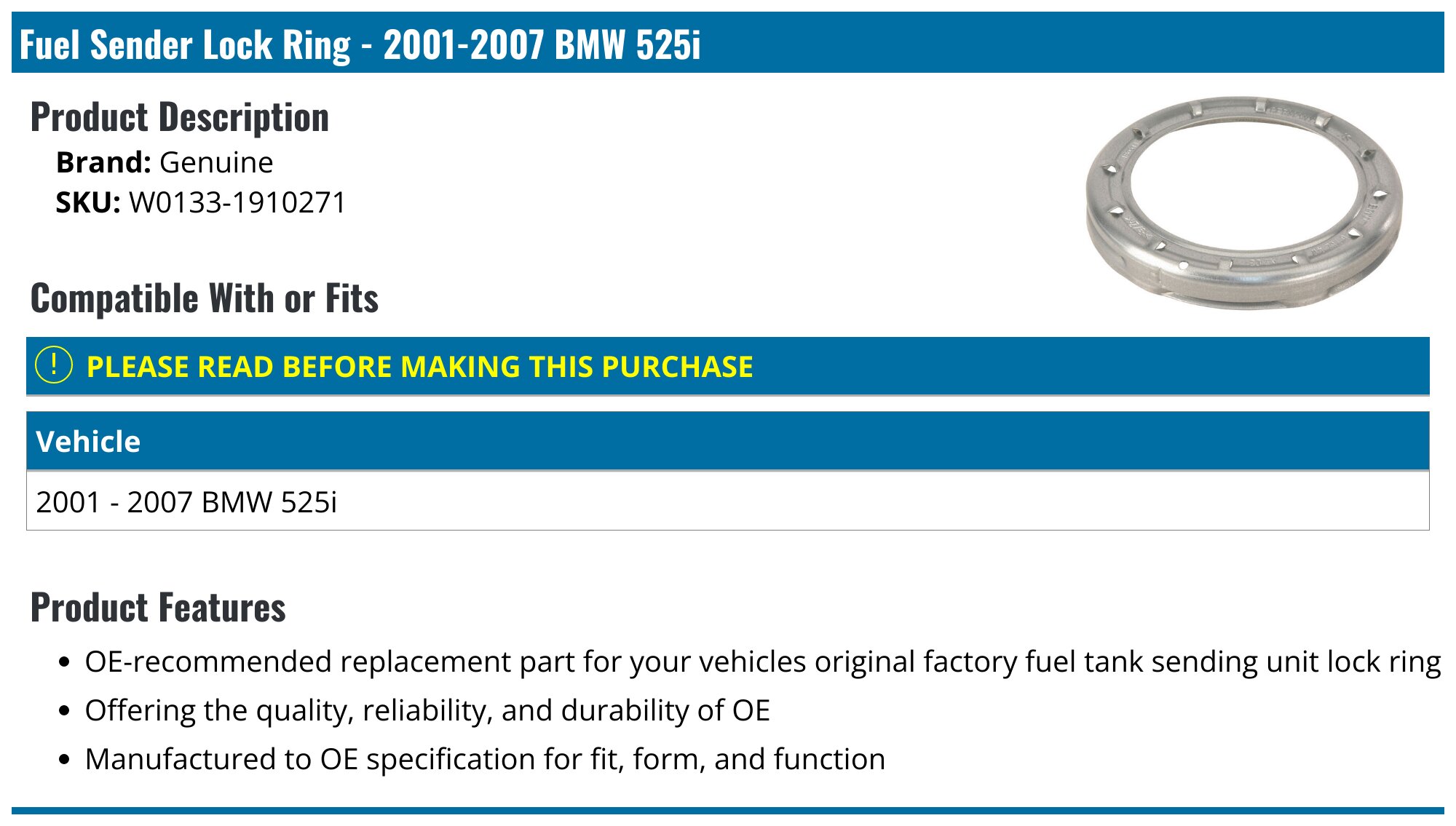 2001-2007 BMW 525i Fuel Sender Lock Ring - Genuine W0133-1910271 ...