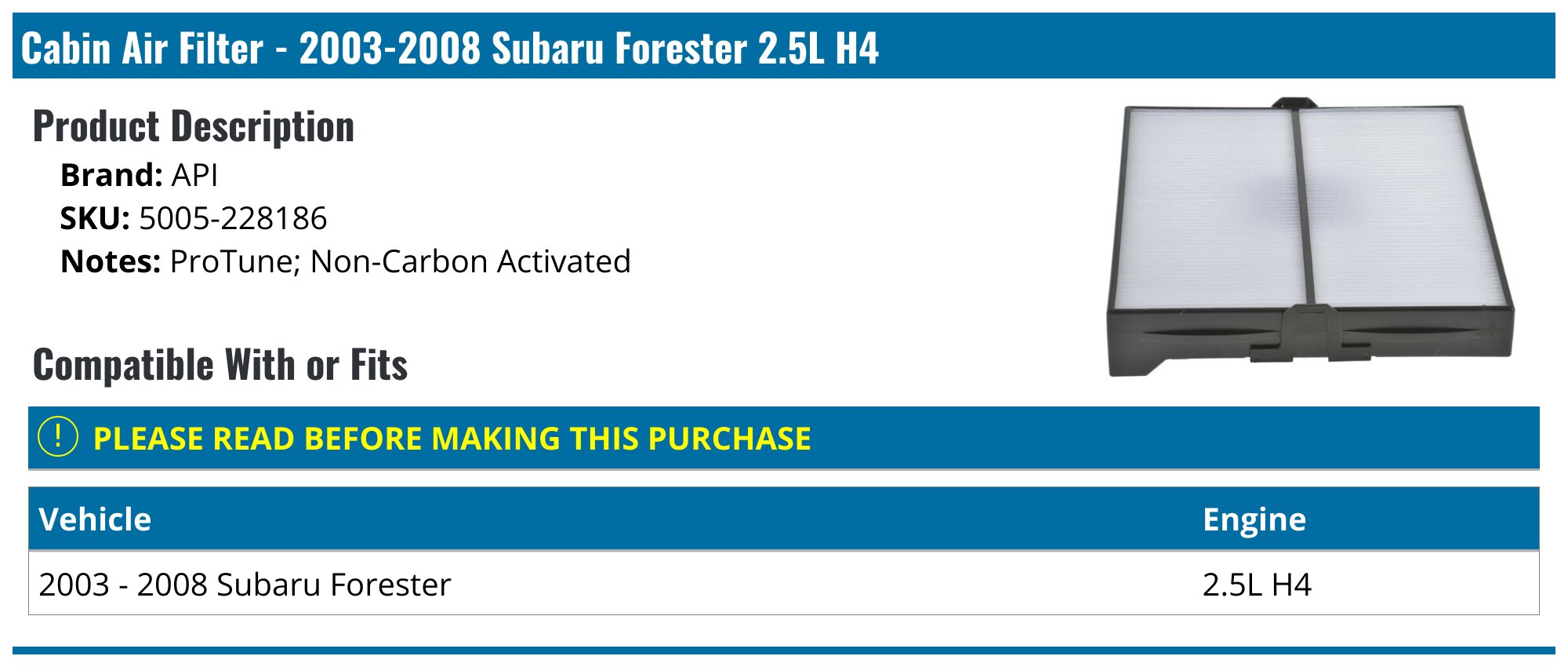 Cabin Air Filter For Subaru Forester 2003-2008 – Direct Replacement 72880-SA000, Wix 49359 (Made In Thailand)