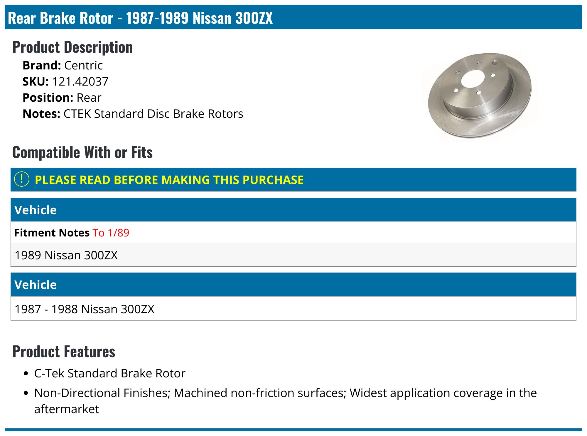 1987-1989 Nissan 300ZX Brake Rotor - Centric 121.42037 - Rear