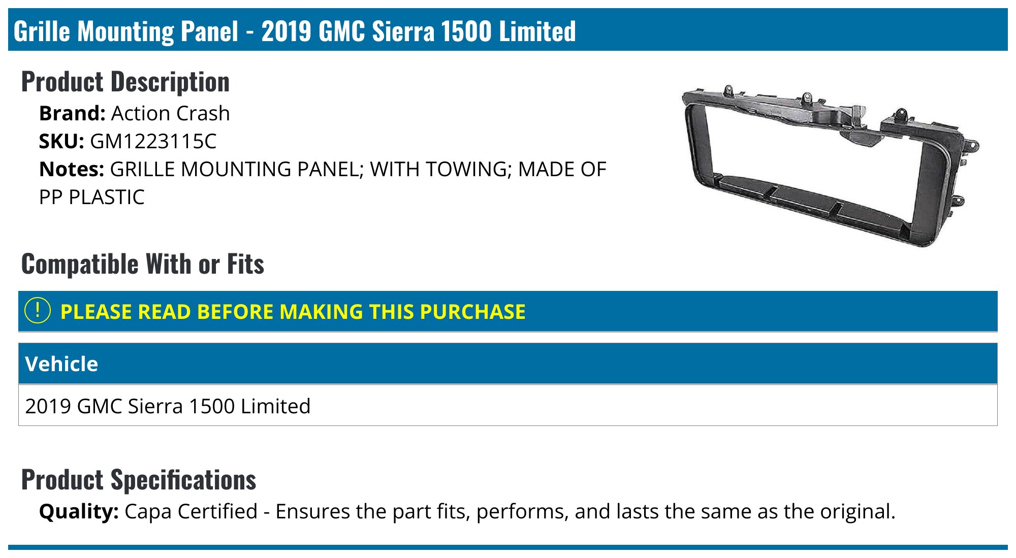 2019 GMC Sierra 1500 Limited Grille Mounting Panel - Action Crash ...