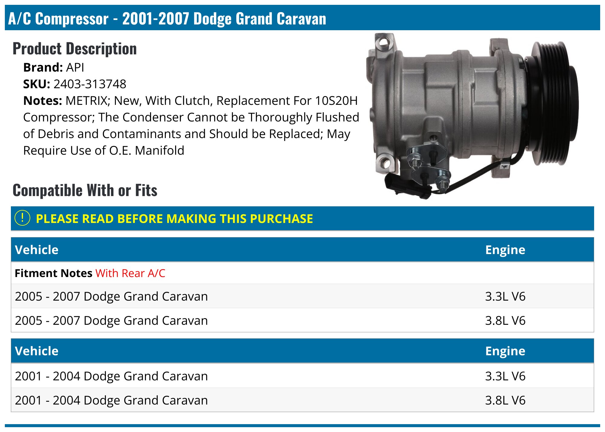 New A/C Compressor Kit For 2006-2007 Dodge Caravan 3.3L & 3.8L – With Drier & Valves