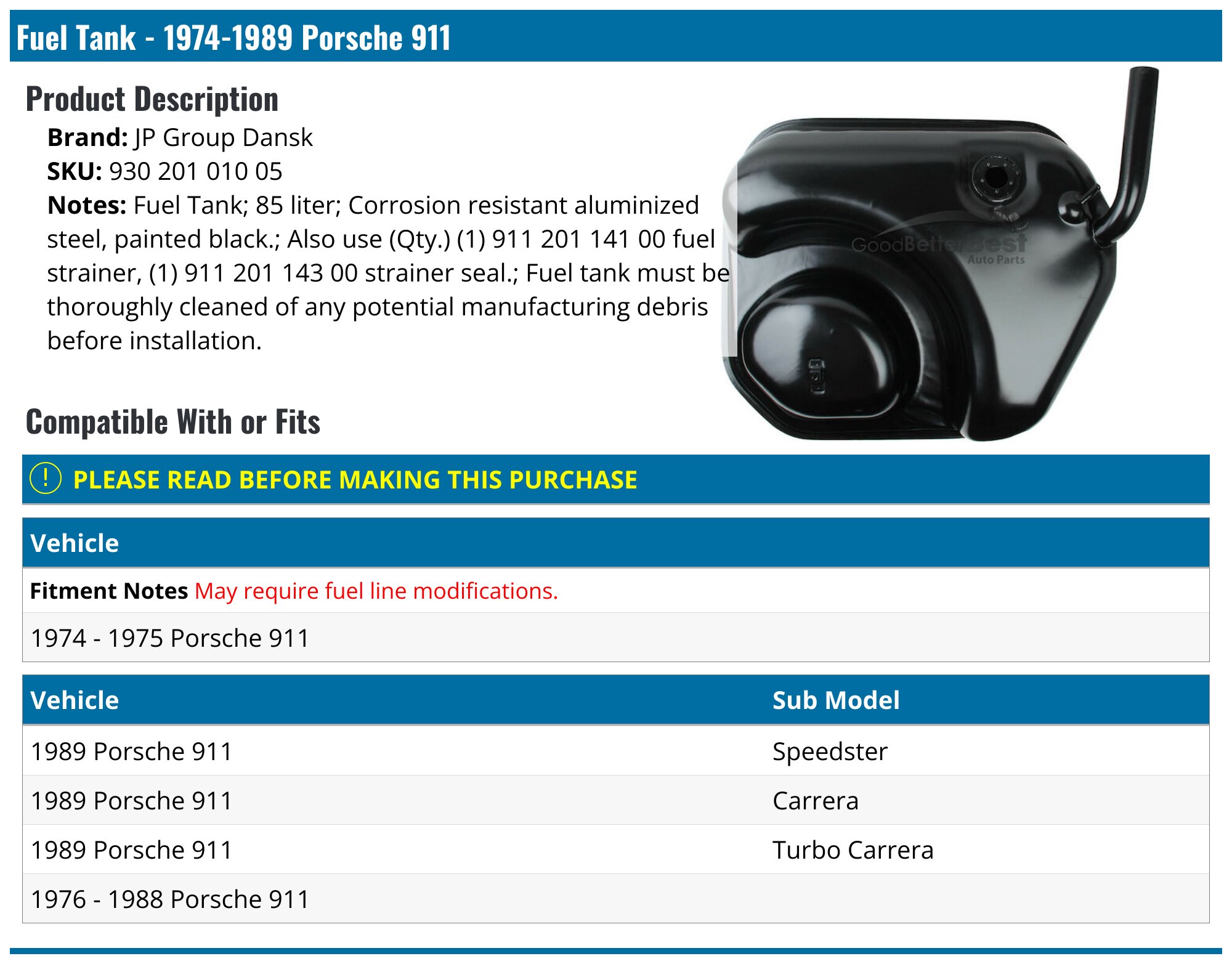 Dansk Fuel Tank For Porsche 911 1974-1989 – 66142MN, 12-Month Warranty