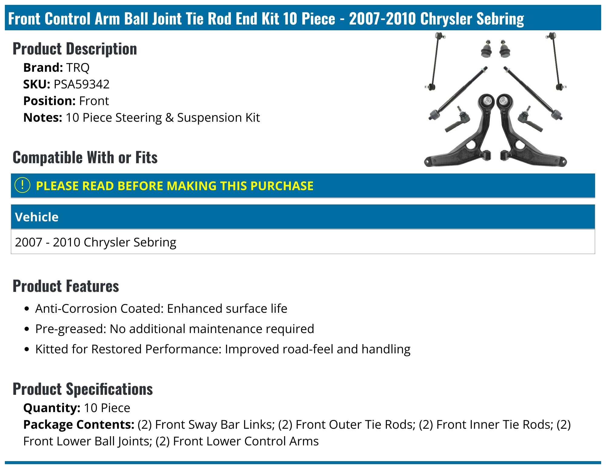AM Autoparts 10pc Front Steering & Suspension Kit: Control Arms, Ball Joints, Tie Rods, Links For Ford/Mercury