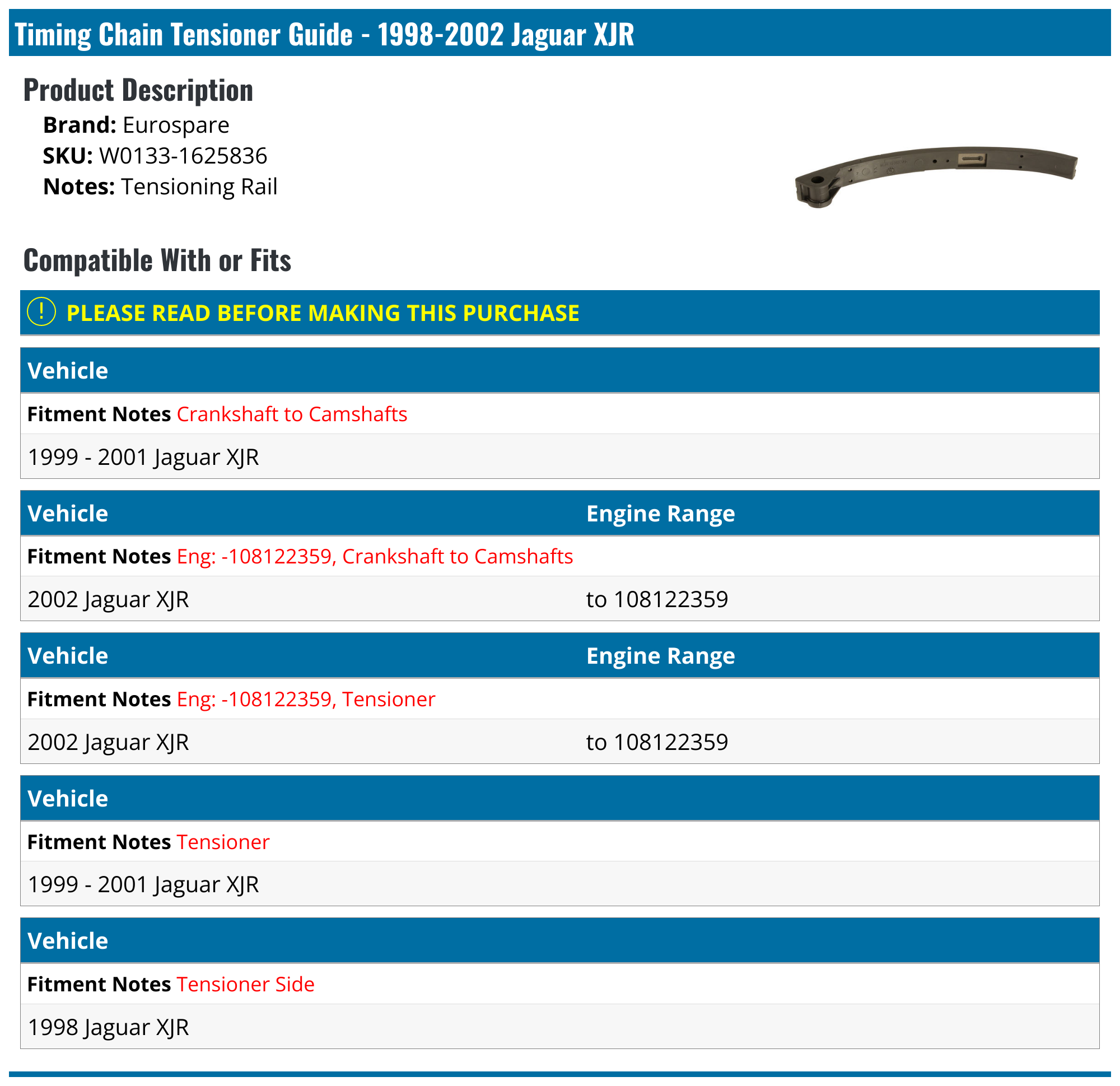19982002 Jaguar XJR Timing Chain Tensioner Guide Eurospare W0133