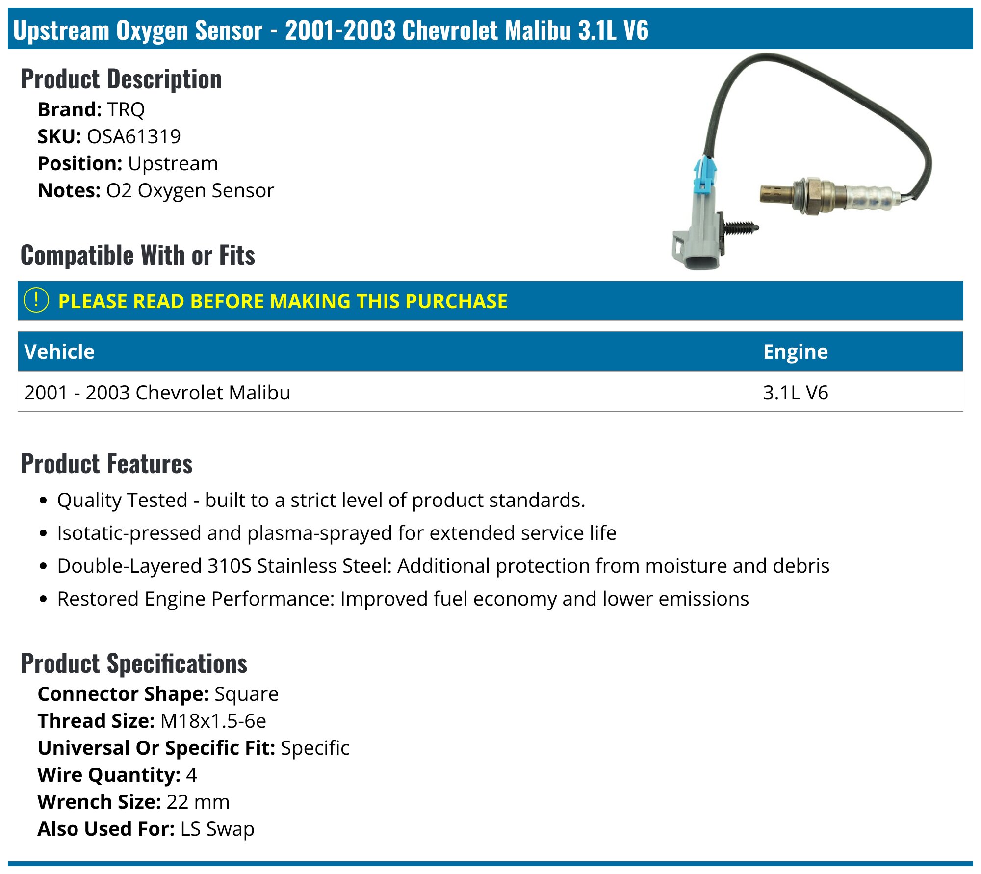 thumbnail image 2 of SCITOO O2 Oxygen Sensor Set Of 4 For 2004-2010 Chevy Malibu 3.5L - Upstream & Downstream 2 of 3