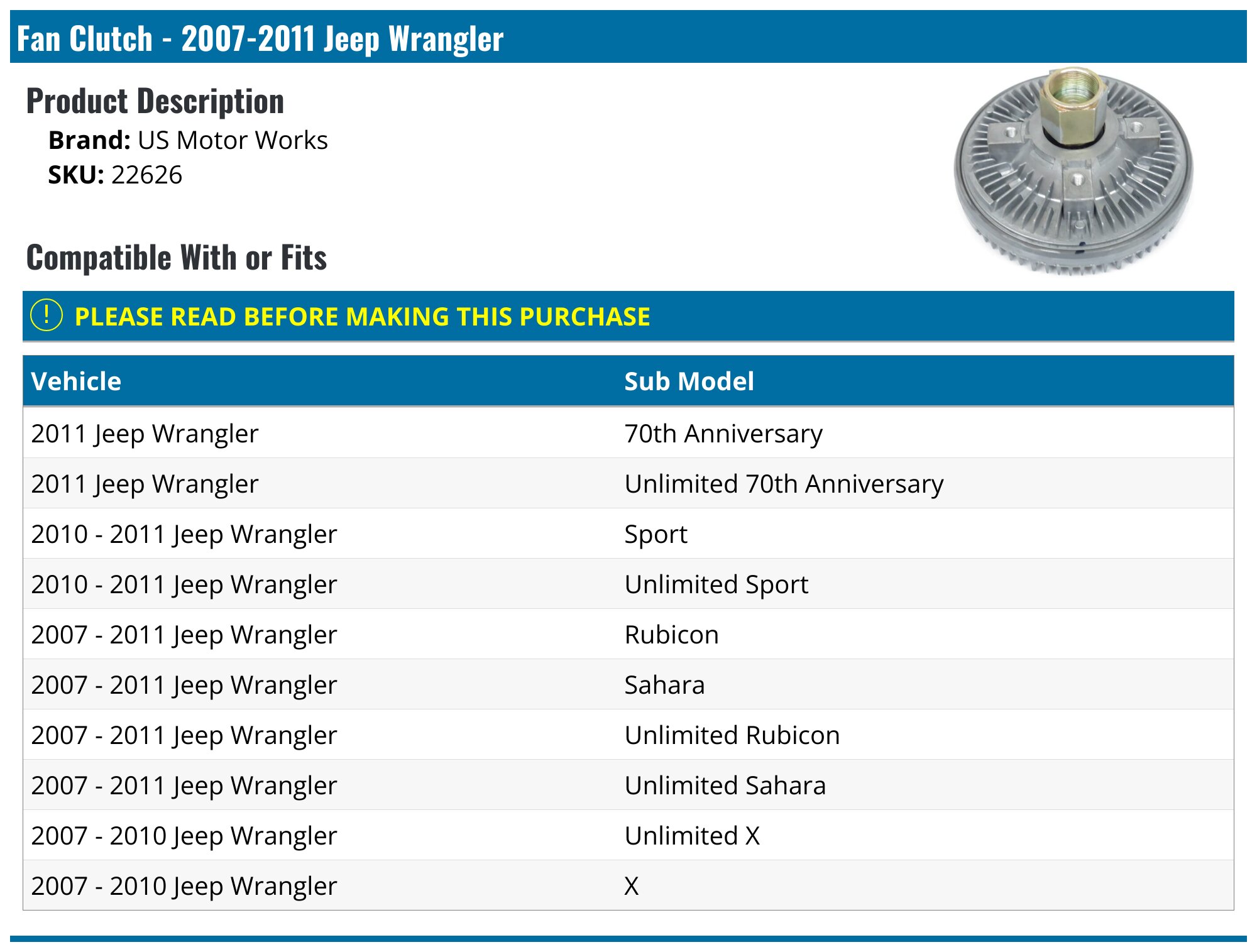 20072011 Jeep Wrangler Fan Clutch US Motor Works 22626