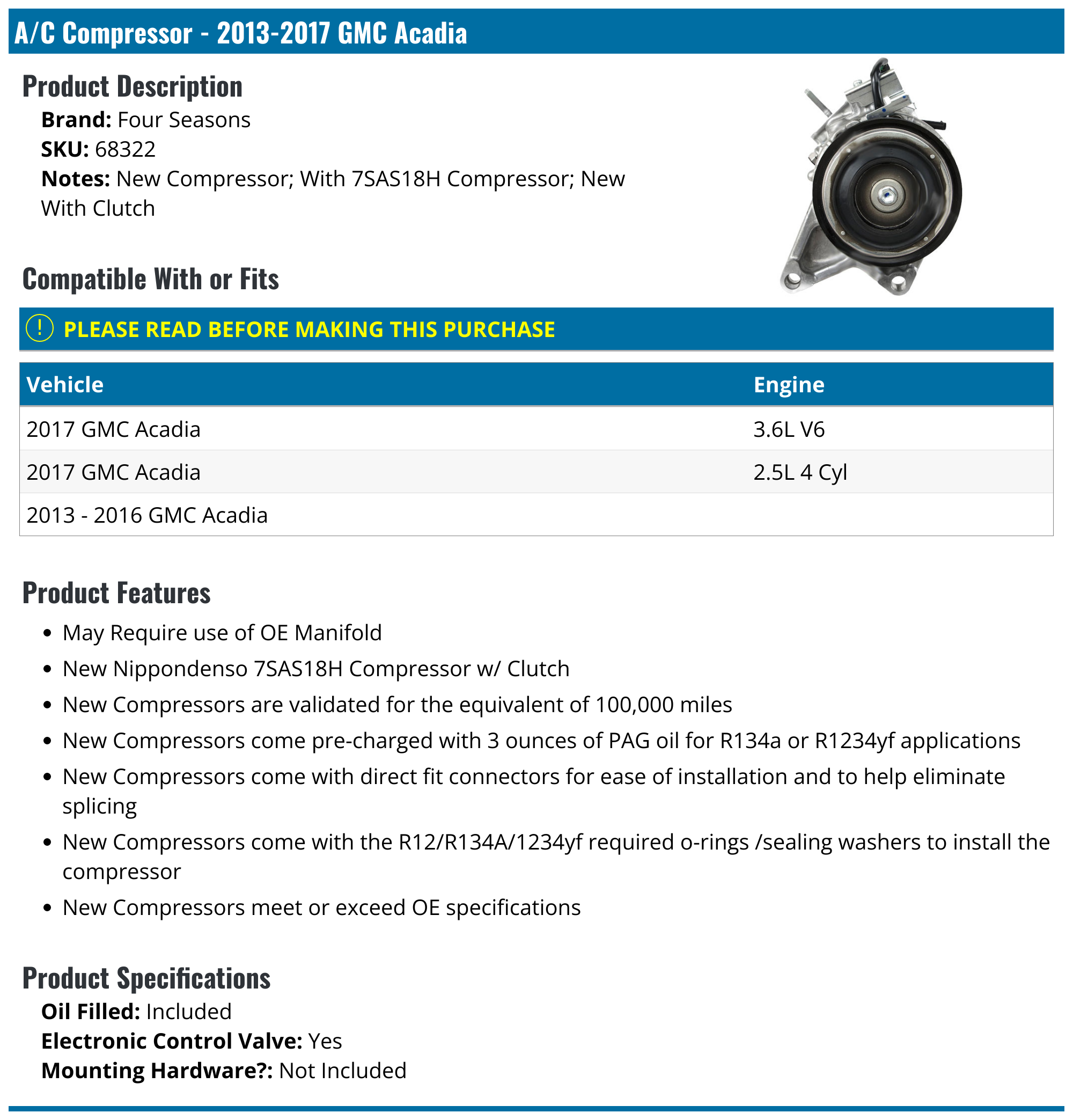 2013-2017 GMC Acadia A/C Compressor - Four Seasons 68322 - PartsGeek.com