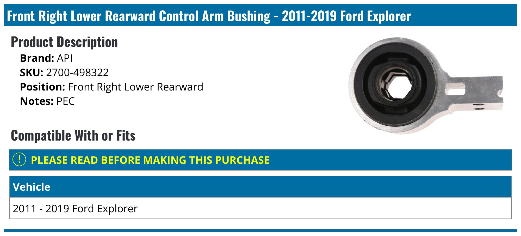 2011-2019 Ford Explorer Control Arm Bushing - API 96849-02917313
