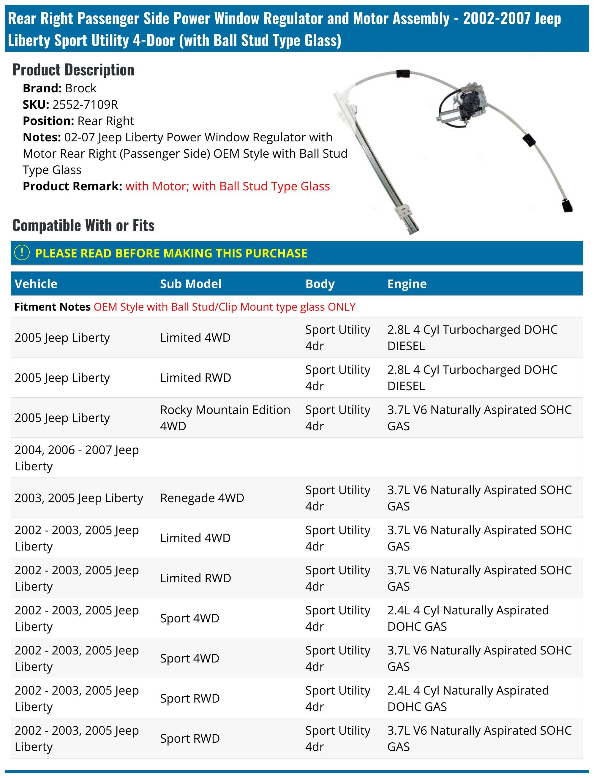 7109r 2002-2007 Jeep Liberty Window Regulator - Brock 2552-7109R - Rear Right ...