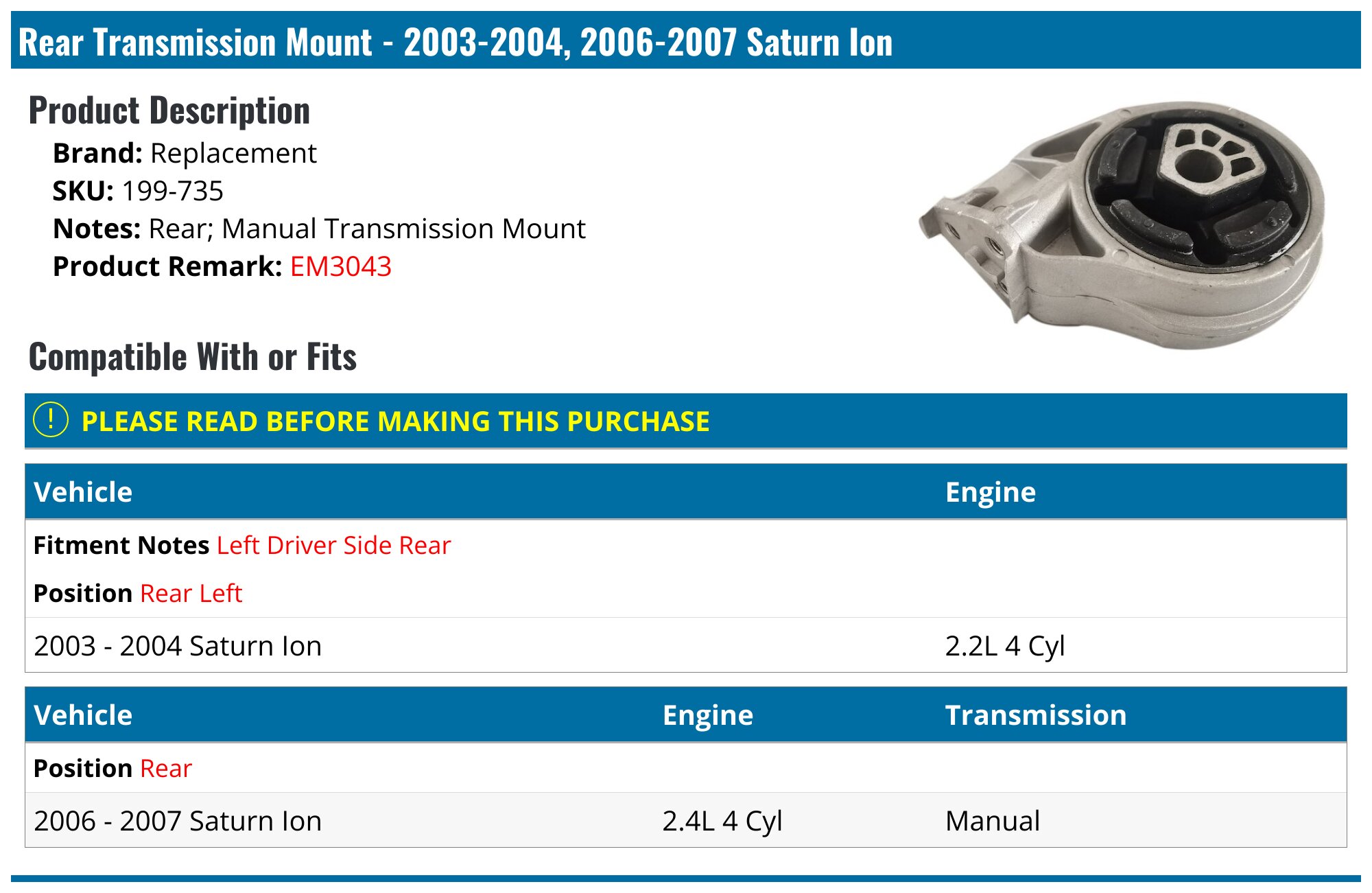 20032004, 20062007 Saturn Ion Transmission Mount Replacement 199