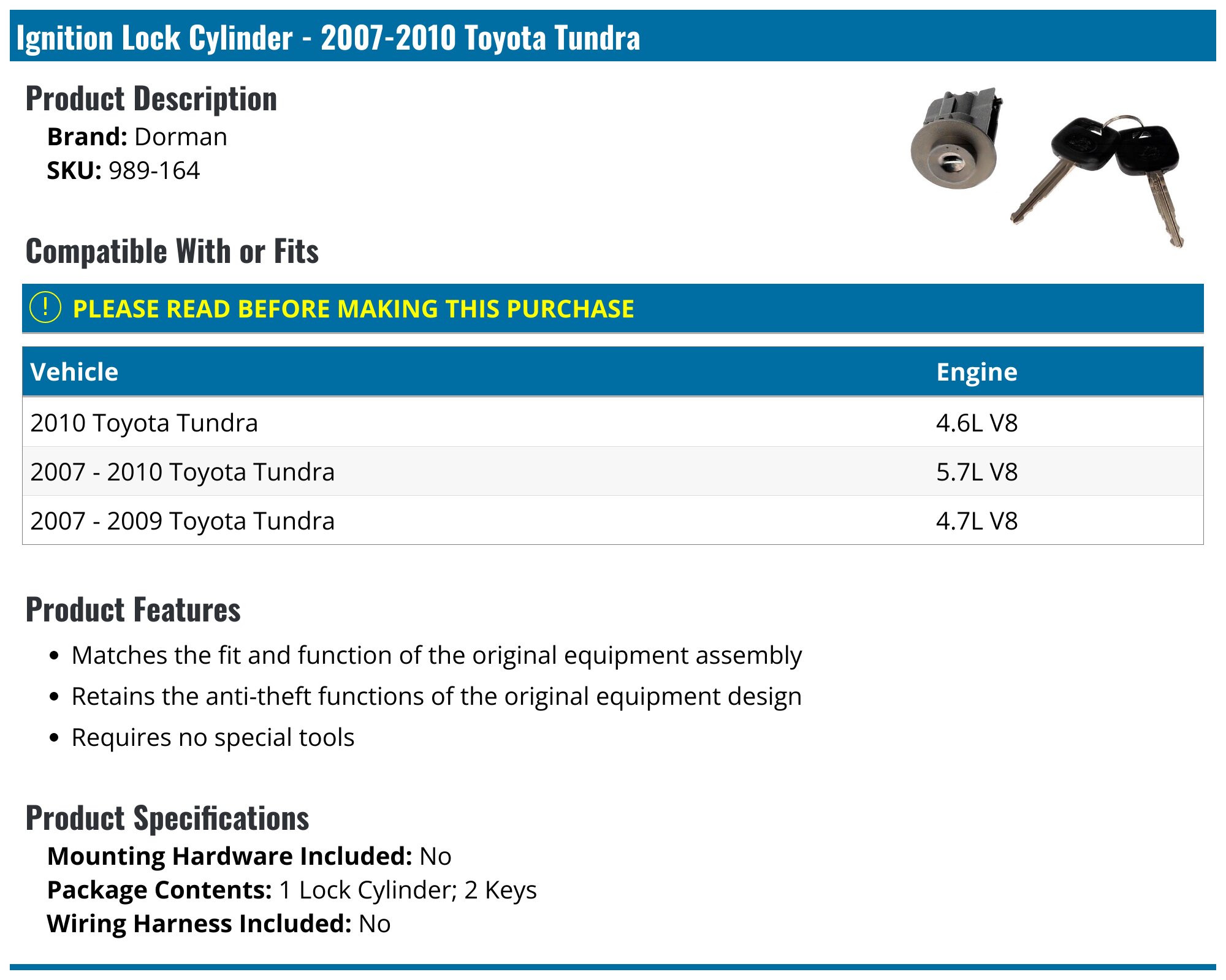 2007-2010 Toyota Tundra Ignition Lock Cylinder - Dorman 989-164