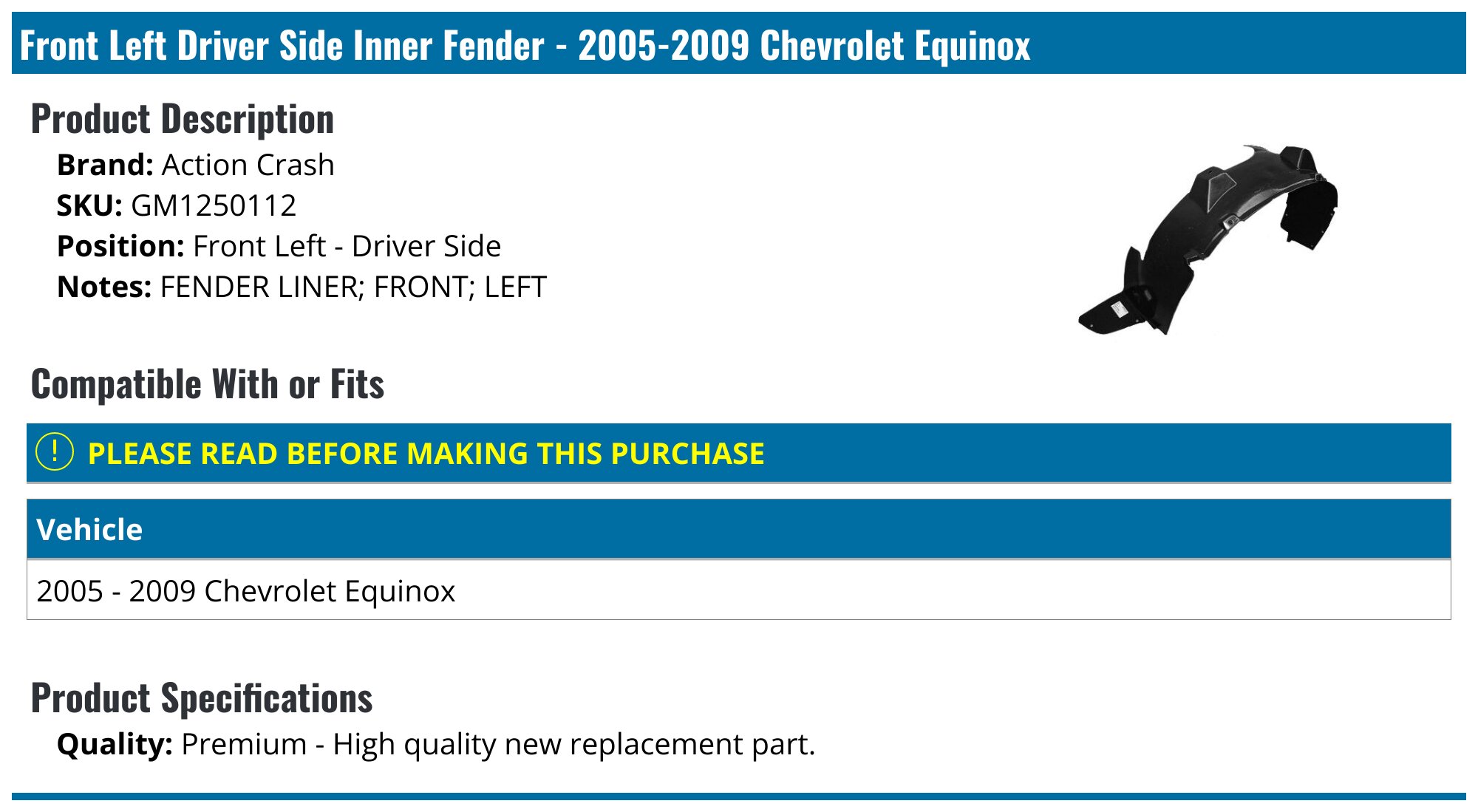 Fits 2018-2023 Chevrolet Equinox Fender Inner Liner Front Left Driver