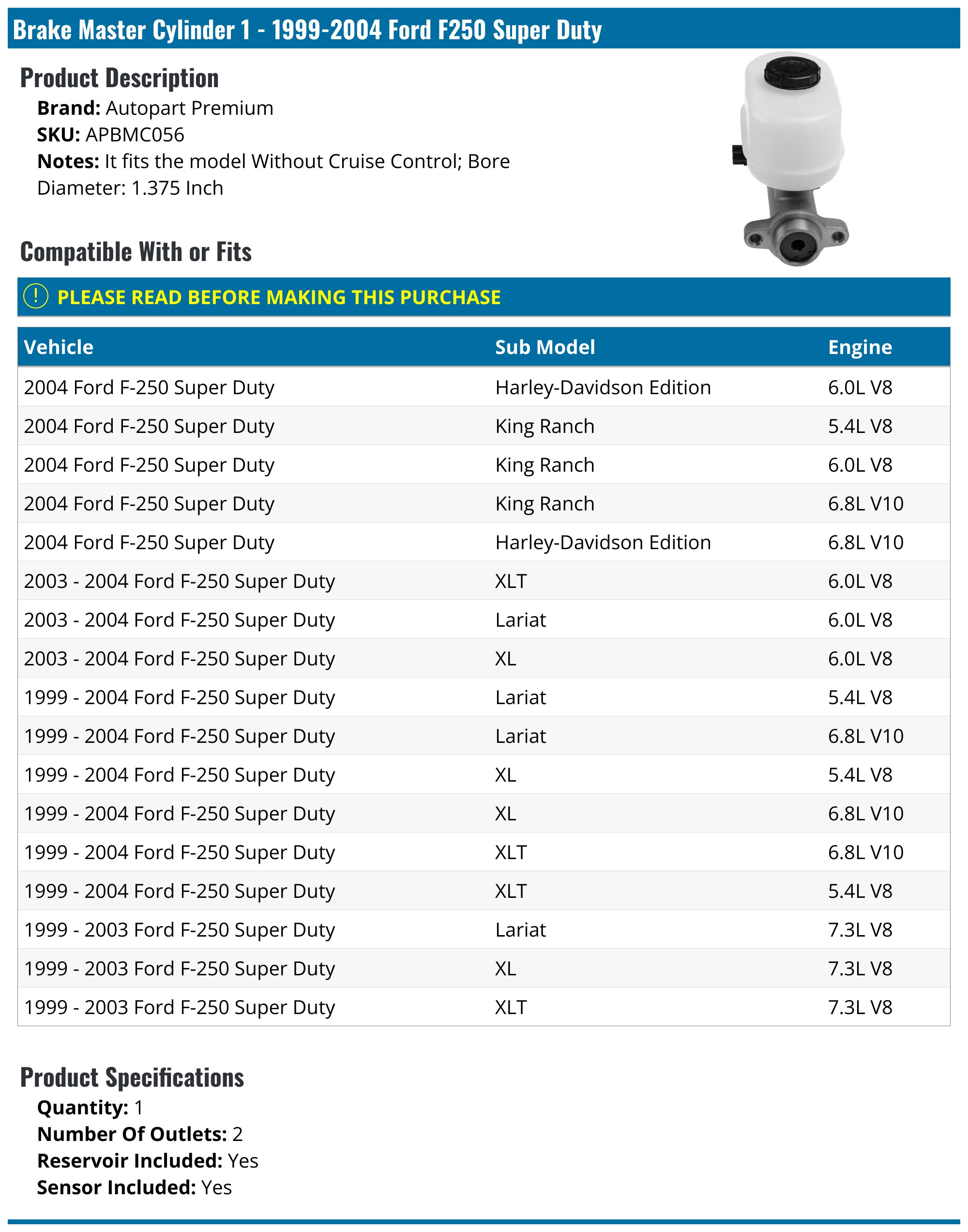 Brake Master Cylinder With Reservoir & Sensor For Ford F-250 Super Duty 1999-2004 – 1.375” Bore, Aluminum