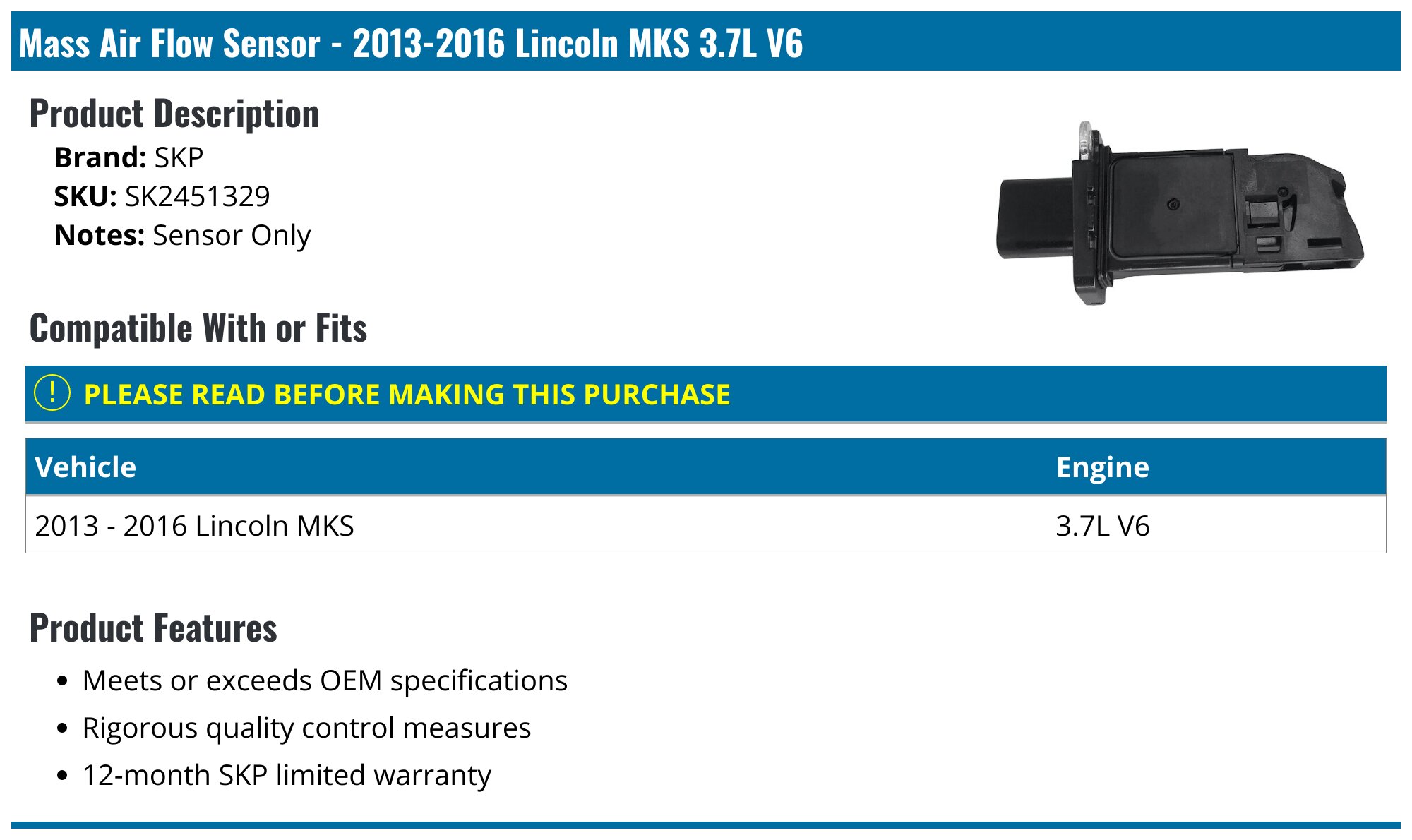 DriveWire Mass Air Flow Sensor RF31670008 For 2013-2016 Lincoln MKS Base – Direct Fit
