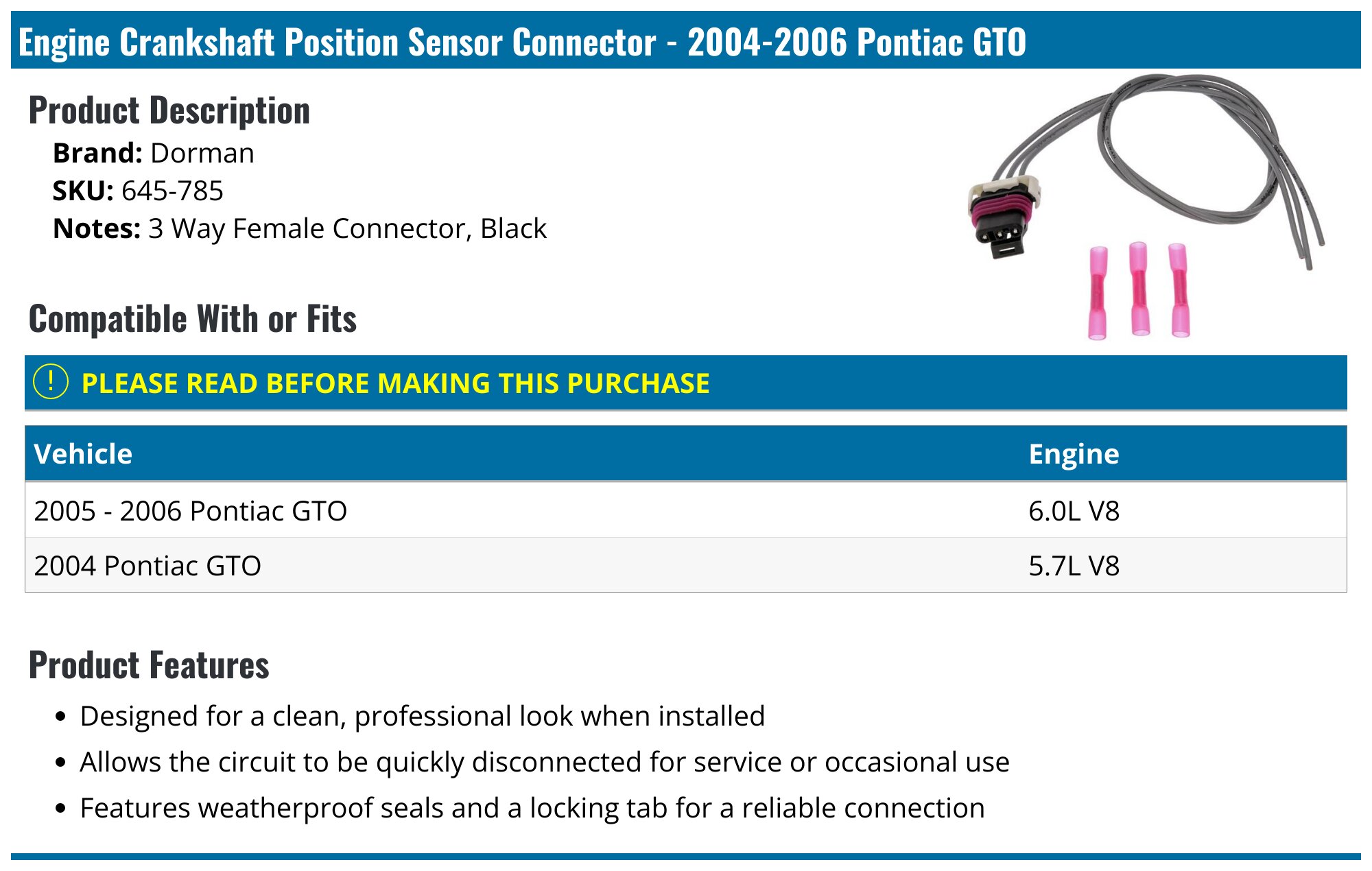 Engine Crankshaft Position Sensor Connector Dorman For 2001-2003