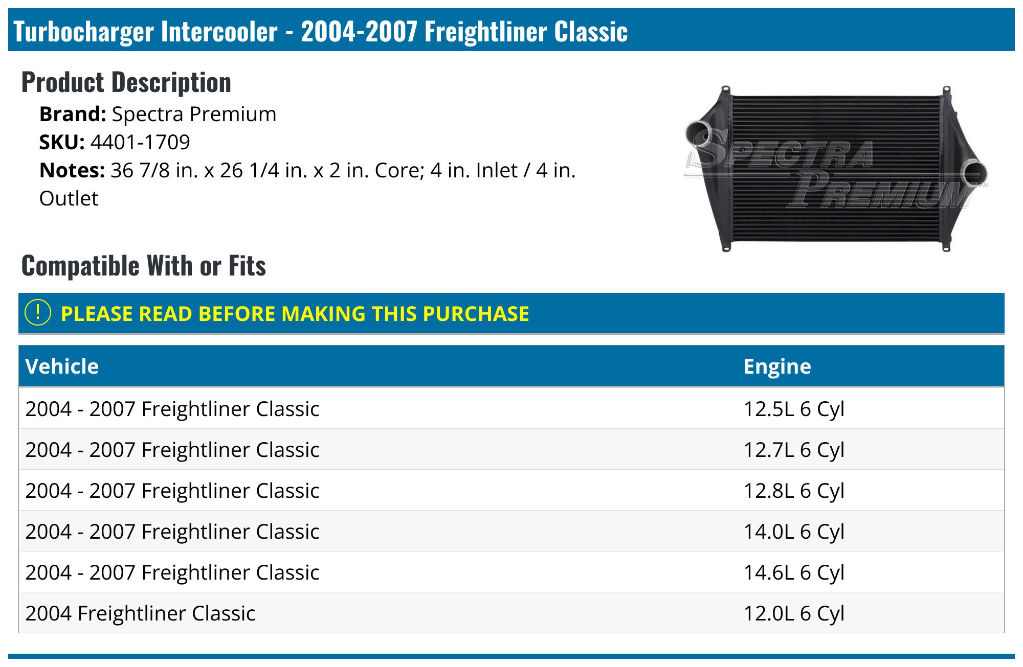 20042007 Freightliner Classic Turbocharger Intercooler Spectra