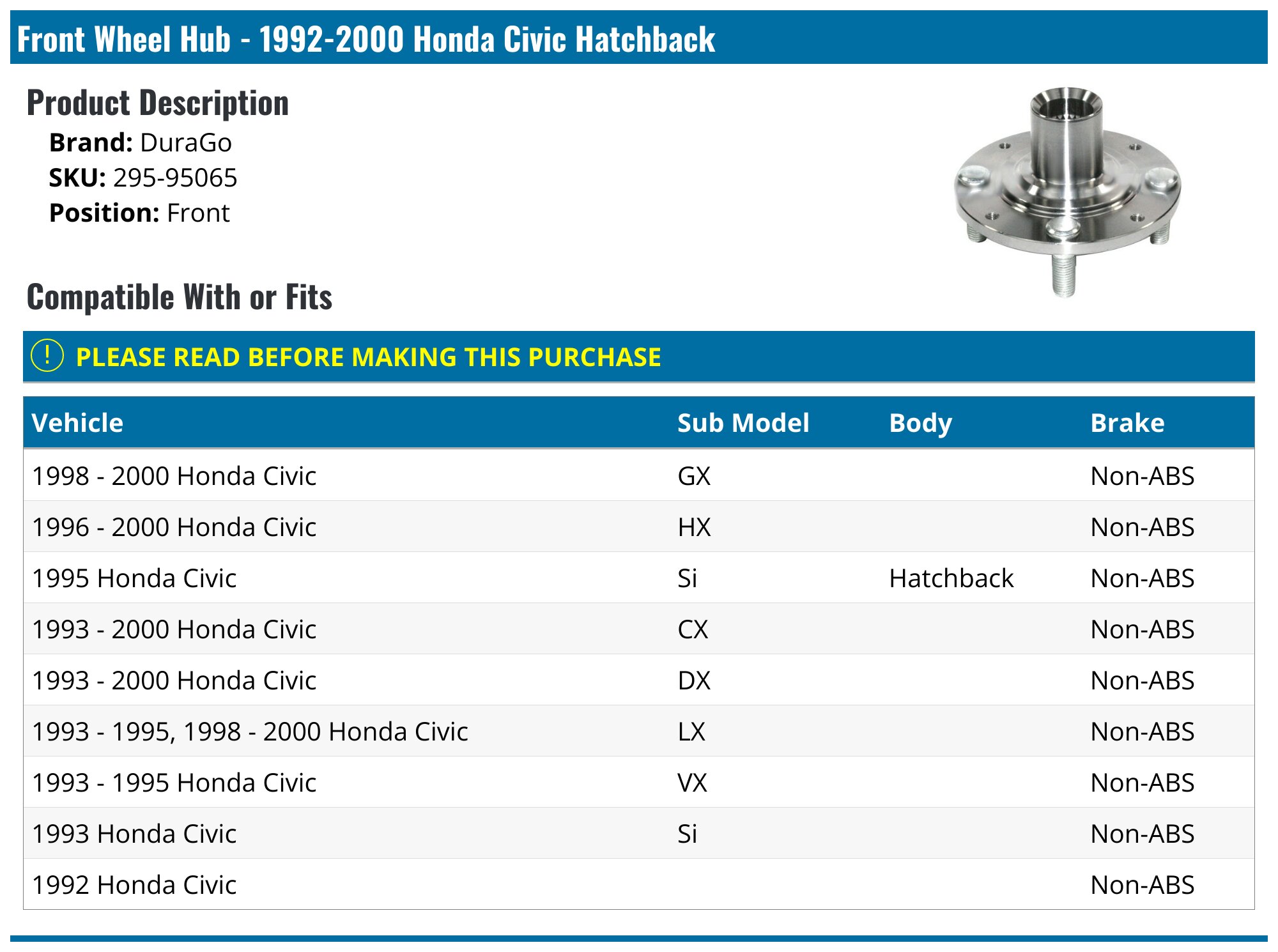 Dura International Front Wheel Hub Repair Kit - Complete Set With Hub, Bearing, Studs & More
