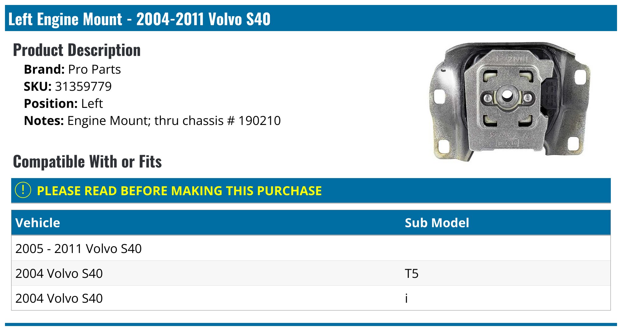 2004-2011 Volvo S40 Engine Mount - Pro Parts 31359779 - Left ...