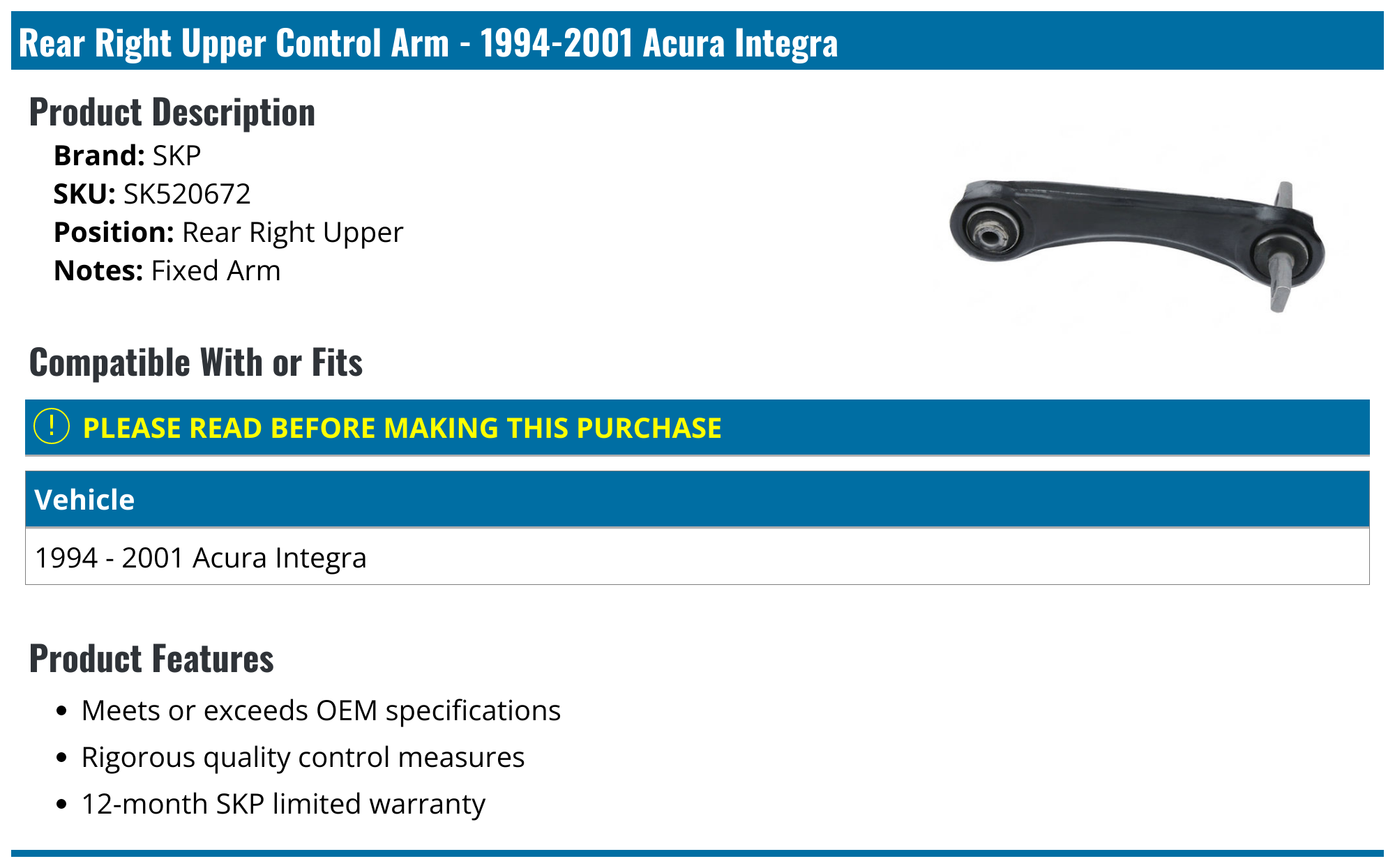 19942001 Acura Integra Control Arm SKP SK520672 Rear Right Upper