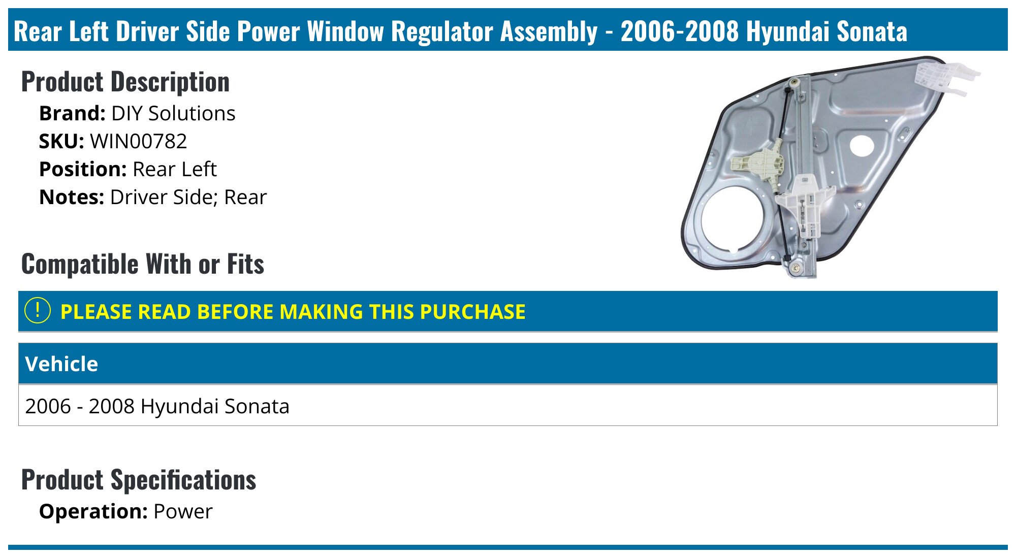 2006-2010 Hyundai Sonata Dorman Window Regulator Rear Left Window Regulator For Hyundai Sonata 2006 2010 2101026397