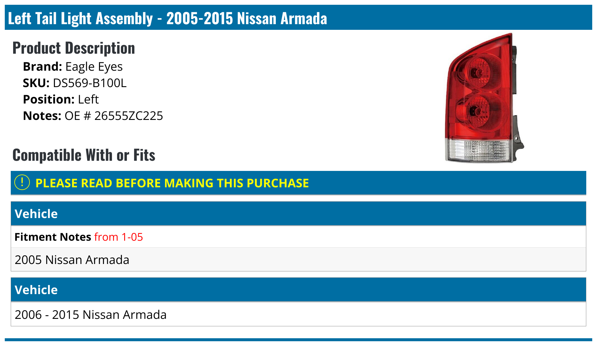 20052015 Nissan Armada Tail Light Assembly Eagle Eyes DS569B100L Rear Left