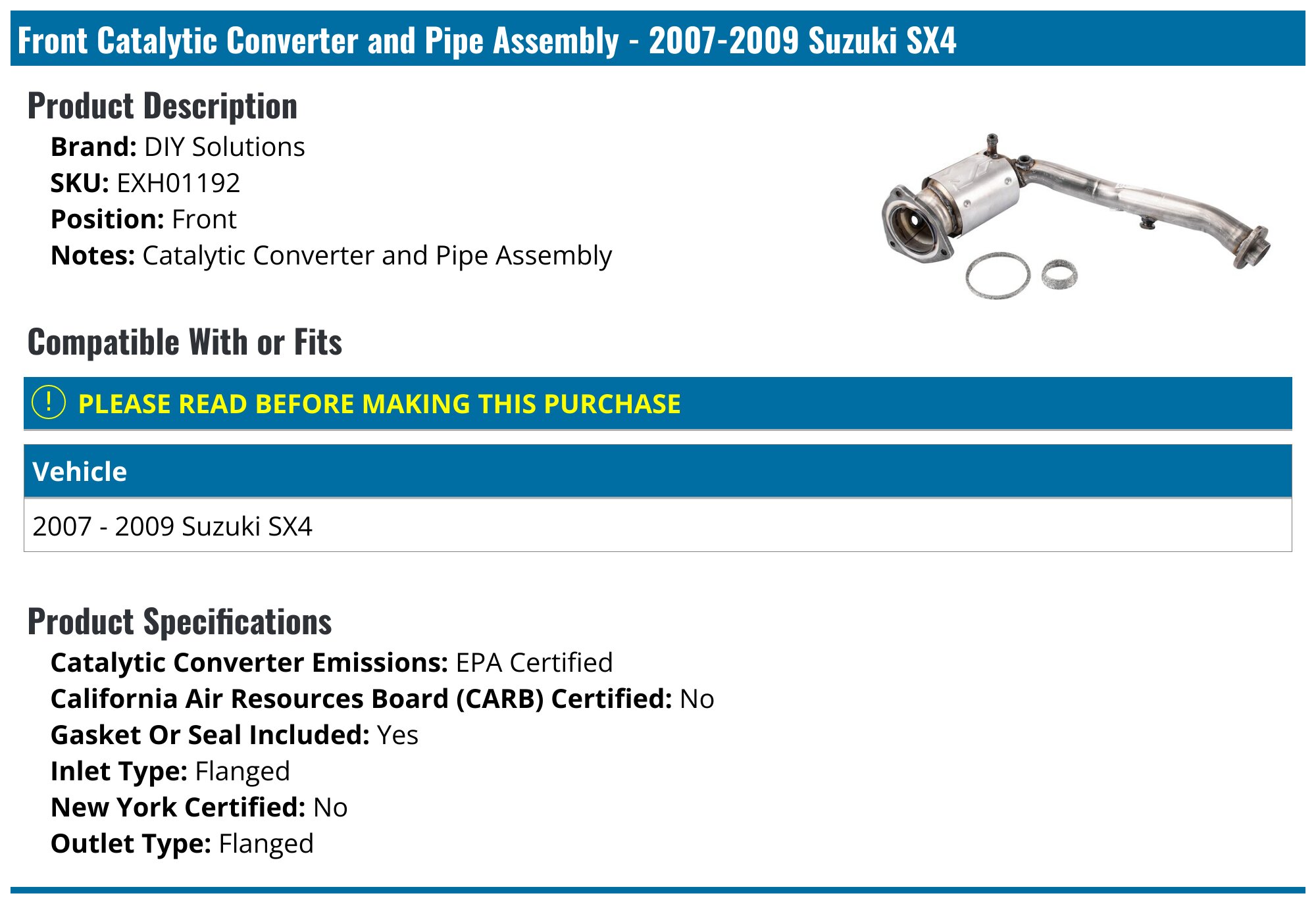 20072009 Suzuki SX4 Catalytic Converter DIY Solutions EXH01192