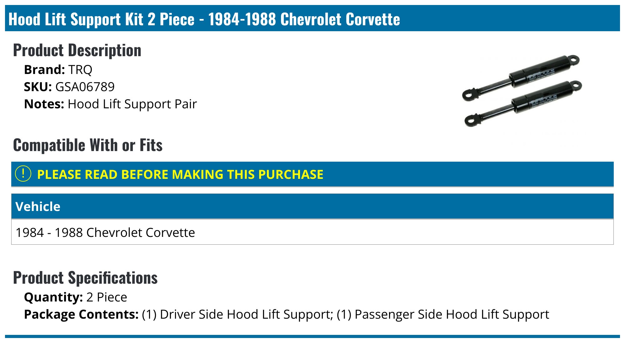 Pair Of 1aa Hood Lift Supports For Chevy Corvette 2005-2013 – Gas Shocks Struts 240N