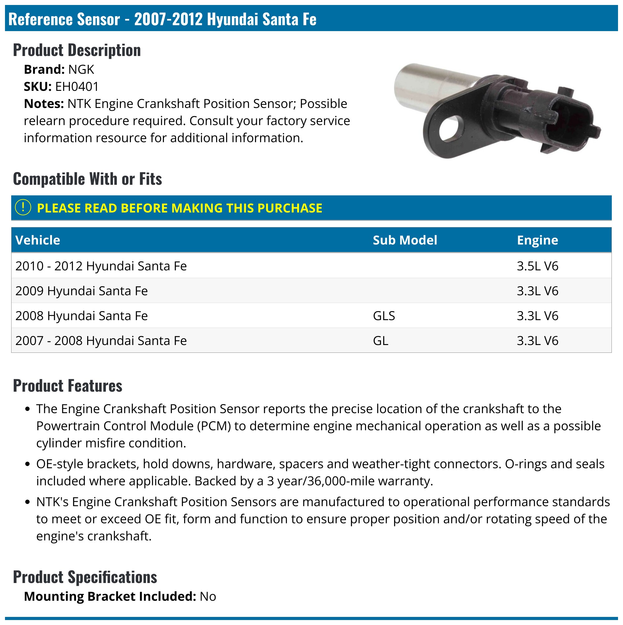 2007-2012 Hyundai Santa Fe Crank Position Sensor - NGK EH0401 ...