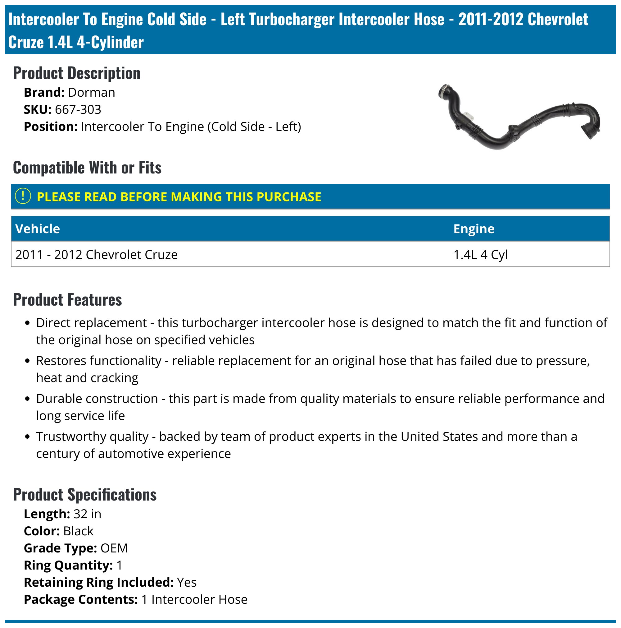 20112012 Chevrolet Cruze Turbocharger Intercooler Hose Dorman 667