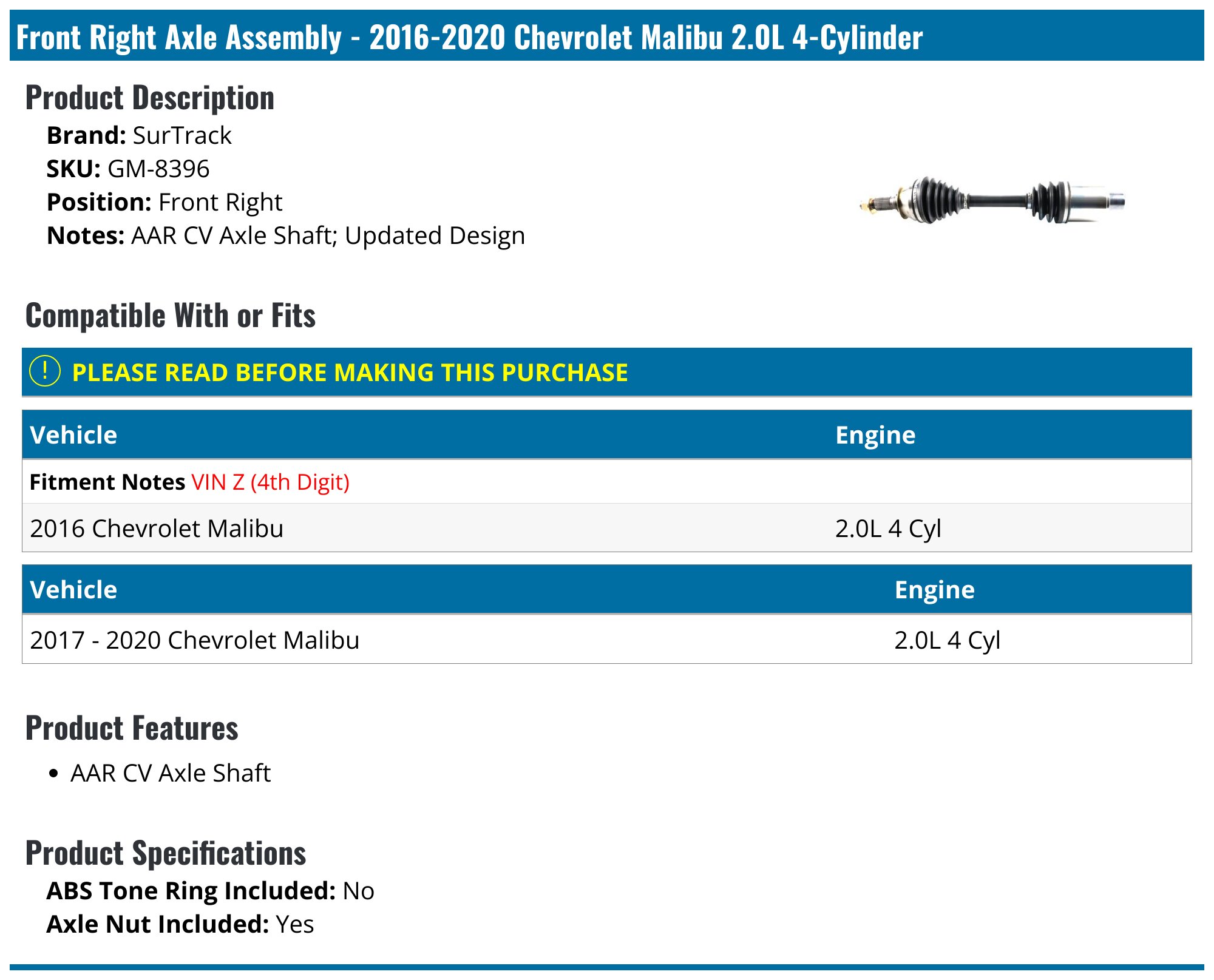 2016-2020 Chevrolet Malibu Axle Assembly - SurTrack GM-8396 - Front ...