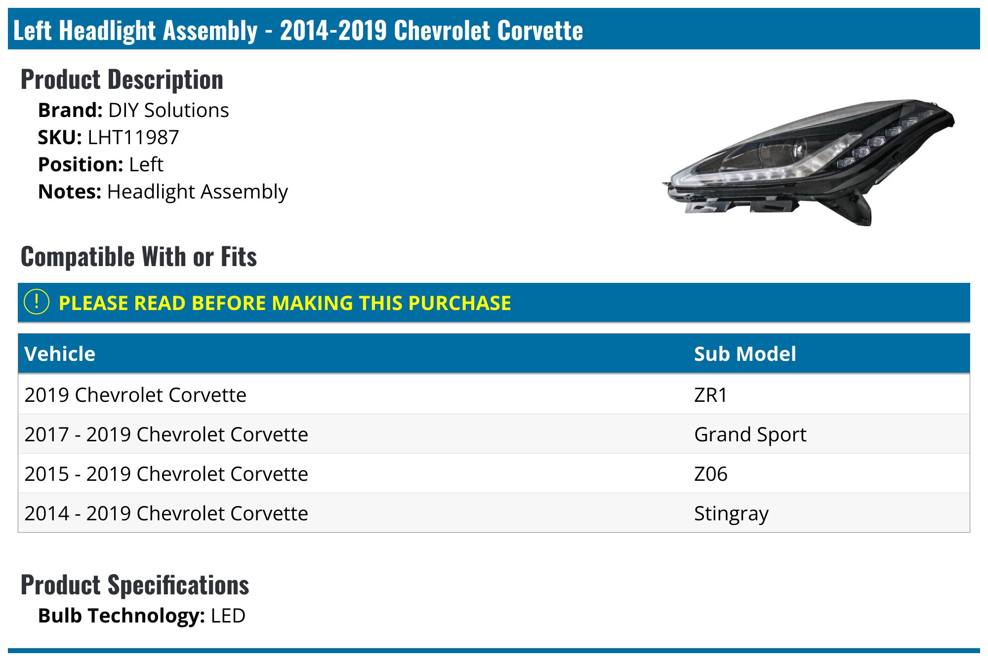 2014-2019 Chevrolet Corvette Headlight Assembly - DIY Solutions ...