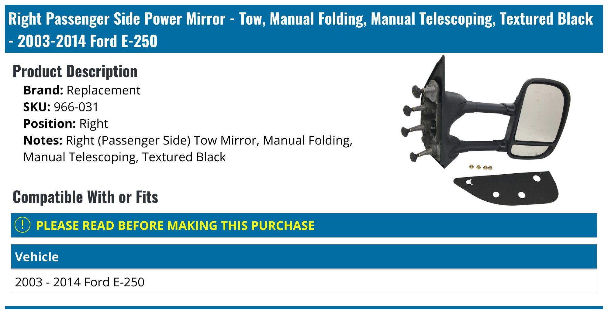 Pair Manual Fold Mirrors For 2003-2014 Ford Econoline – Black, Side View, Direct Fit