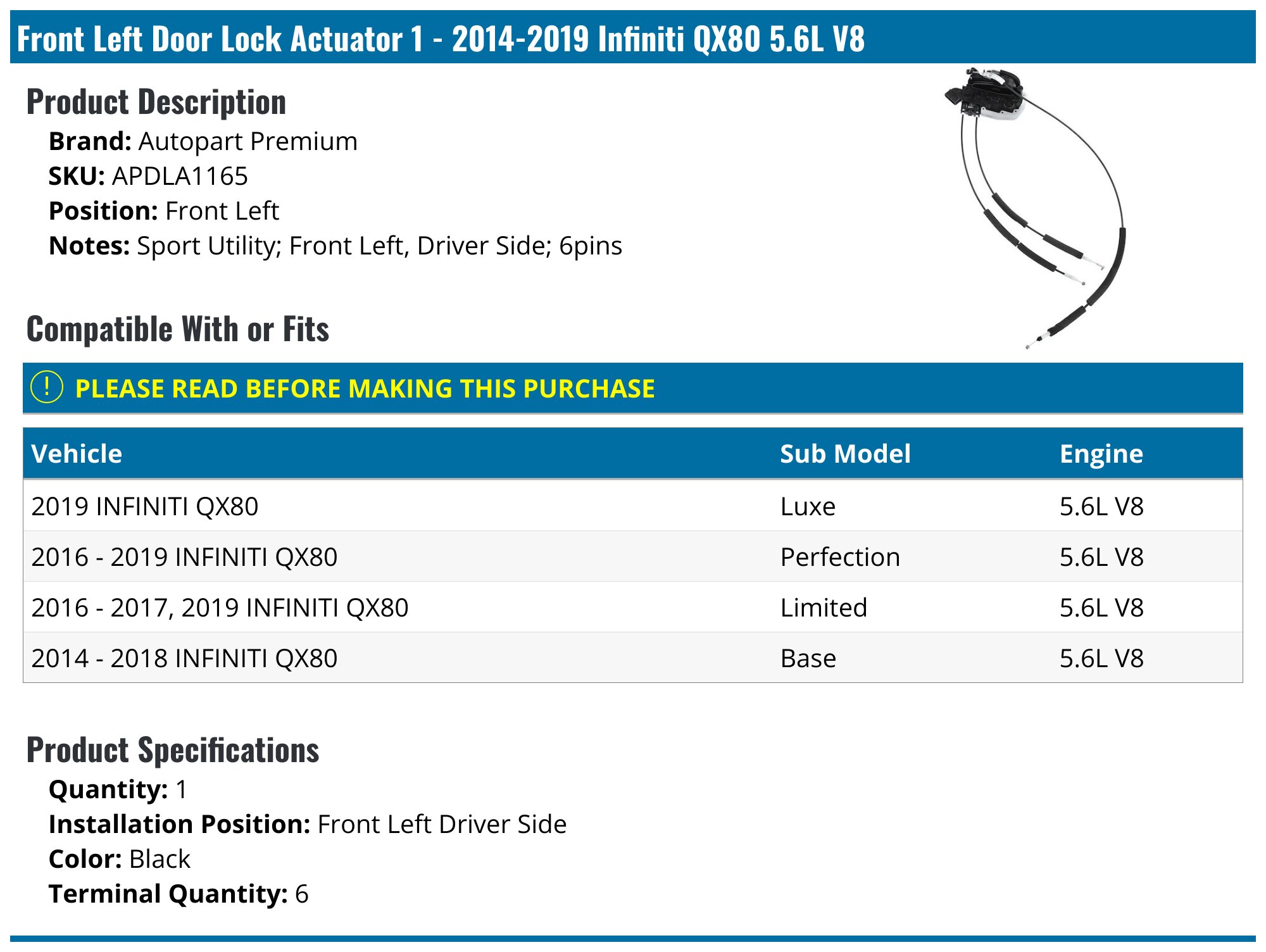 thumbnail image 2 of A-Premium Front Left Door Lock Actuator For Infiniti QX56/QX80 & Nissan Armada (2011-2020) - 6-Pin, Direct Fit 2 of 5