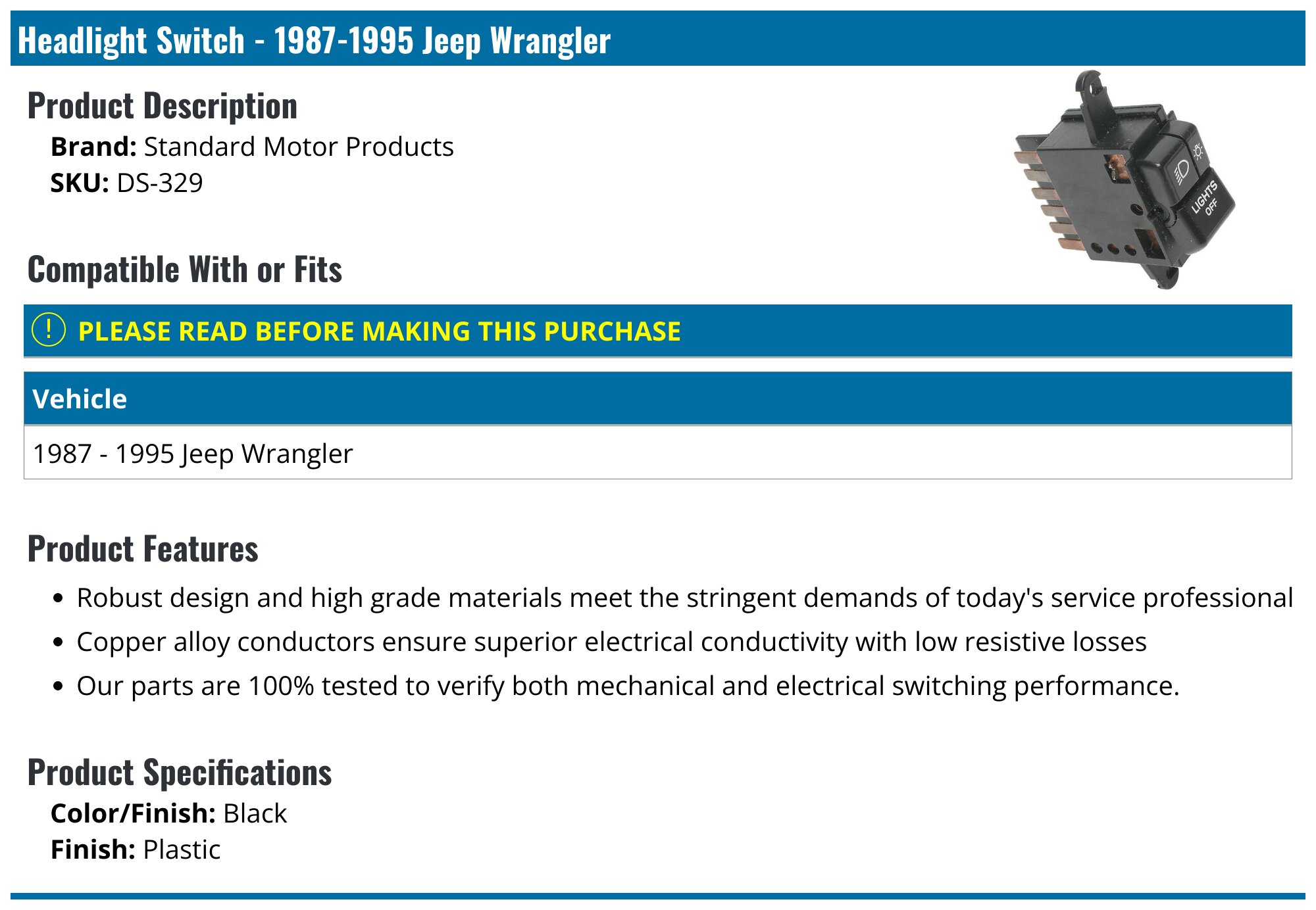 New SMP Headlight Switch For 1987-1995 Jeep Wrangler