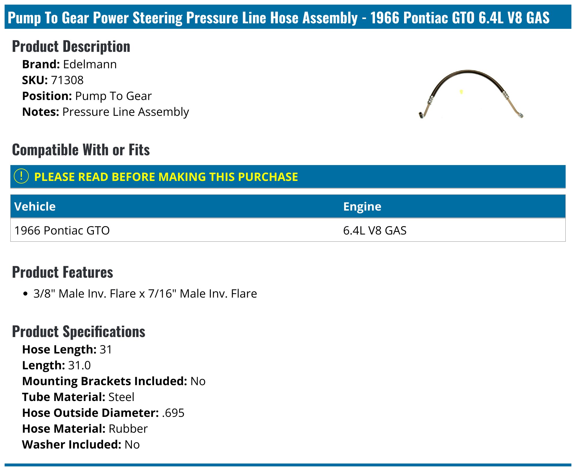 1966 UPPER RADIATOR HOSE, TRI-POWER WITH POWER STEERING (P.N. 9782940) (AP