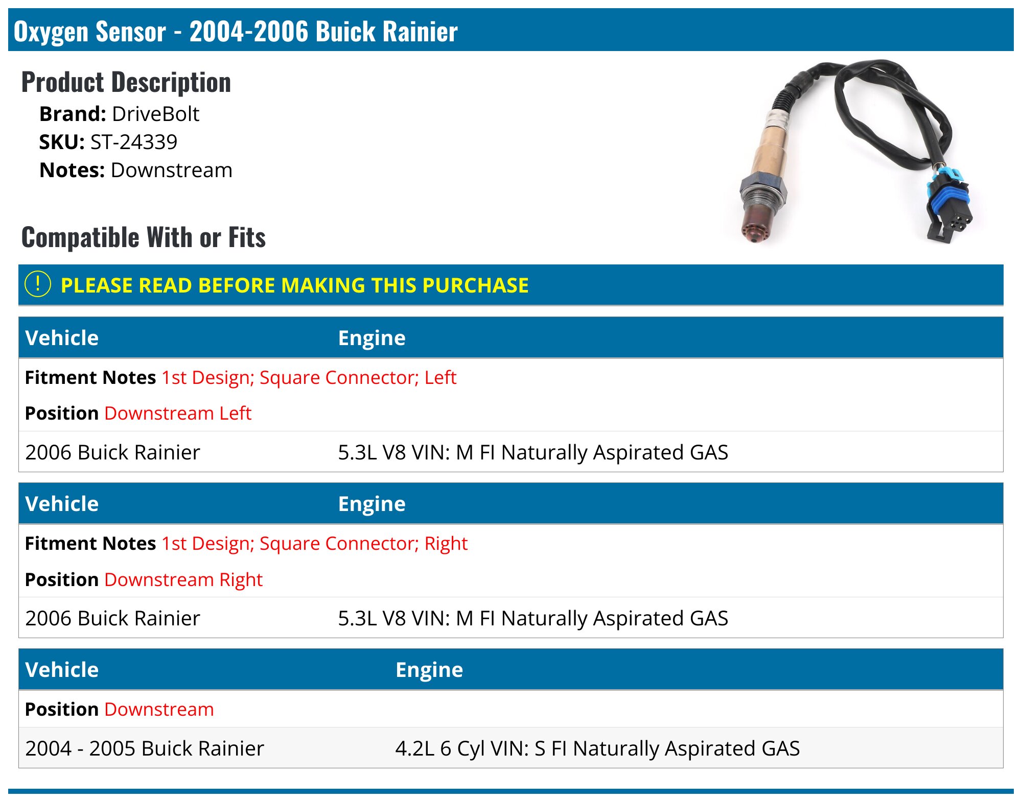 2004-2006 Buick Rainier Oxygen Sensor - DriveBolt ST-24339 - Downstream ...