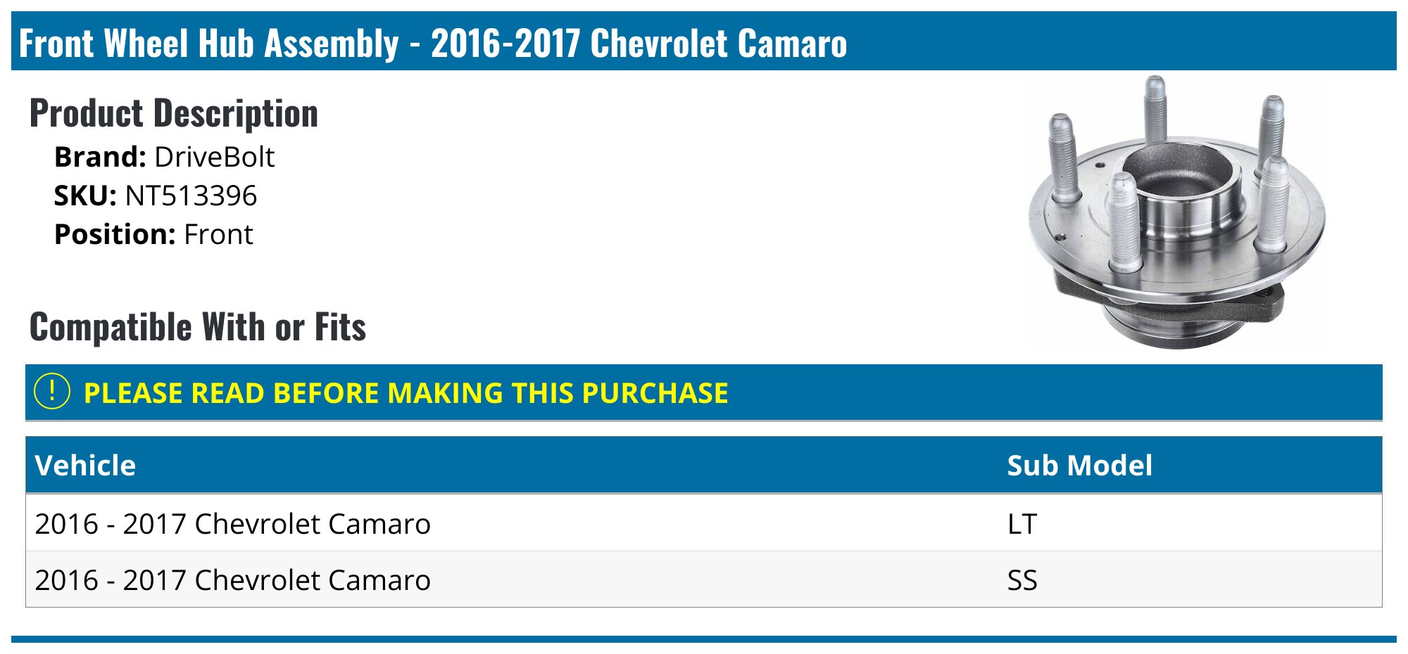 2016-2017 Chevrolet Camaro Wheel Hub Assembly - DriveBolt NT513396 ...