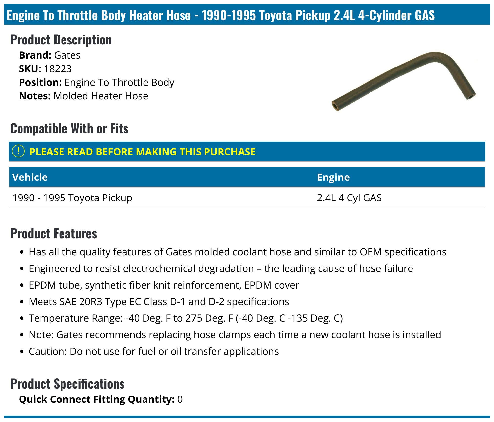 Gates-18223 Small ID Molded Coolant Hose – OEM Style For Engine Cooling Systems