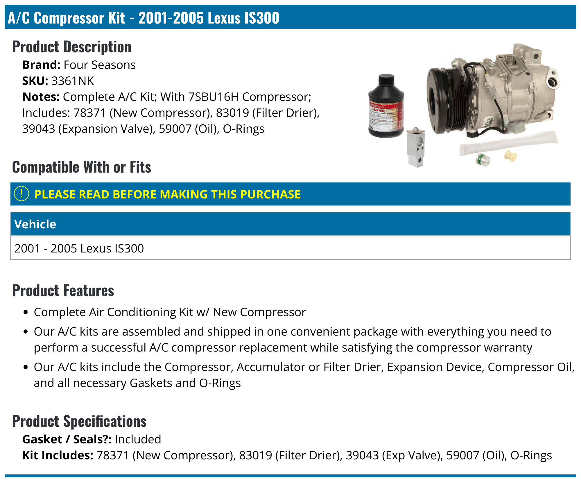 2001-2005 Lexus IS300 A/C Compressor - Four Seasons 3361NK - PartsGeek.com