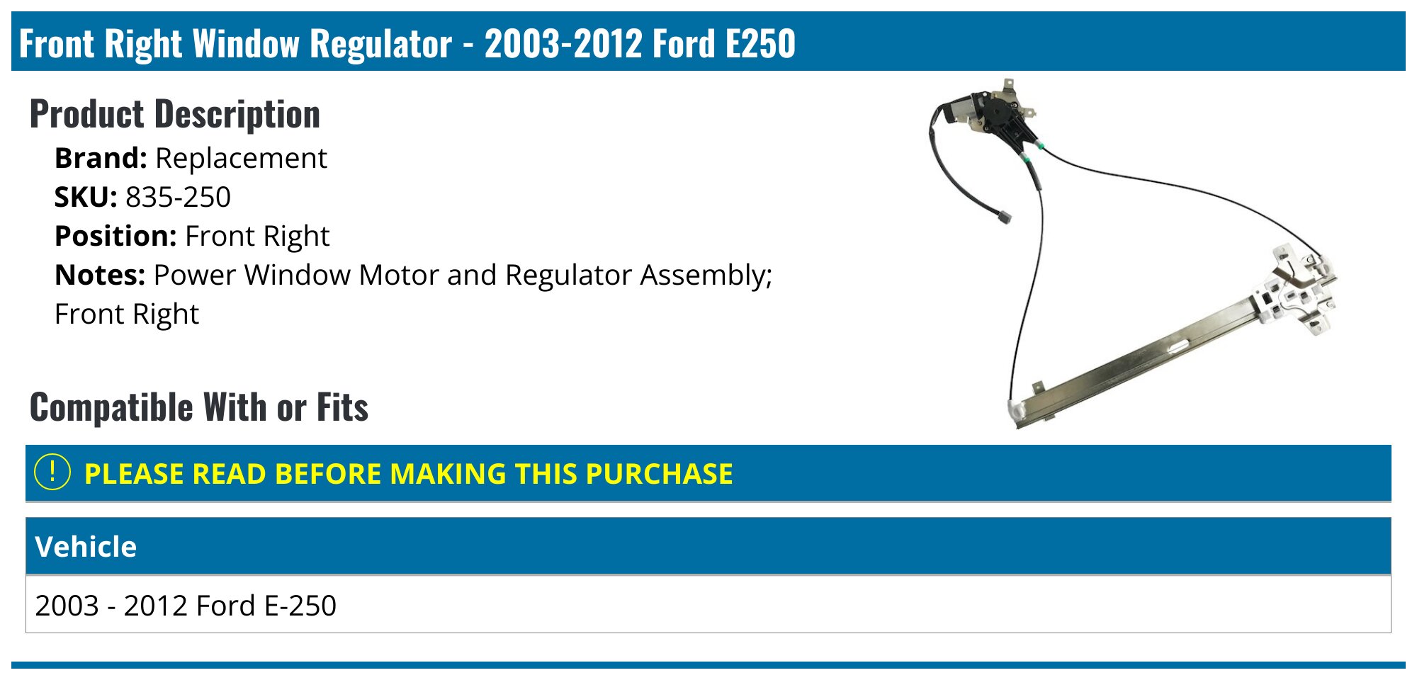 Driver Front Window Regulator Electric Fits 92-19 21 FORD E350 VAN Driver Front Window Regulator Electric Fits 92-19 21 FORD E350 VAN